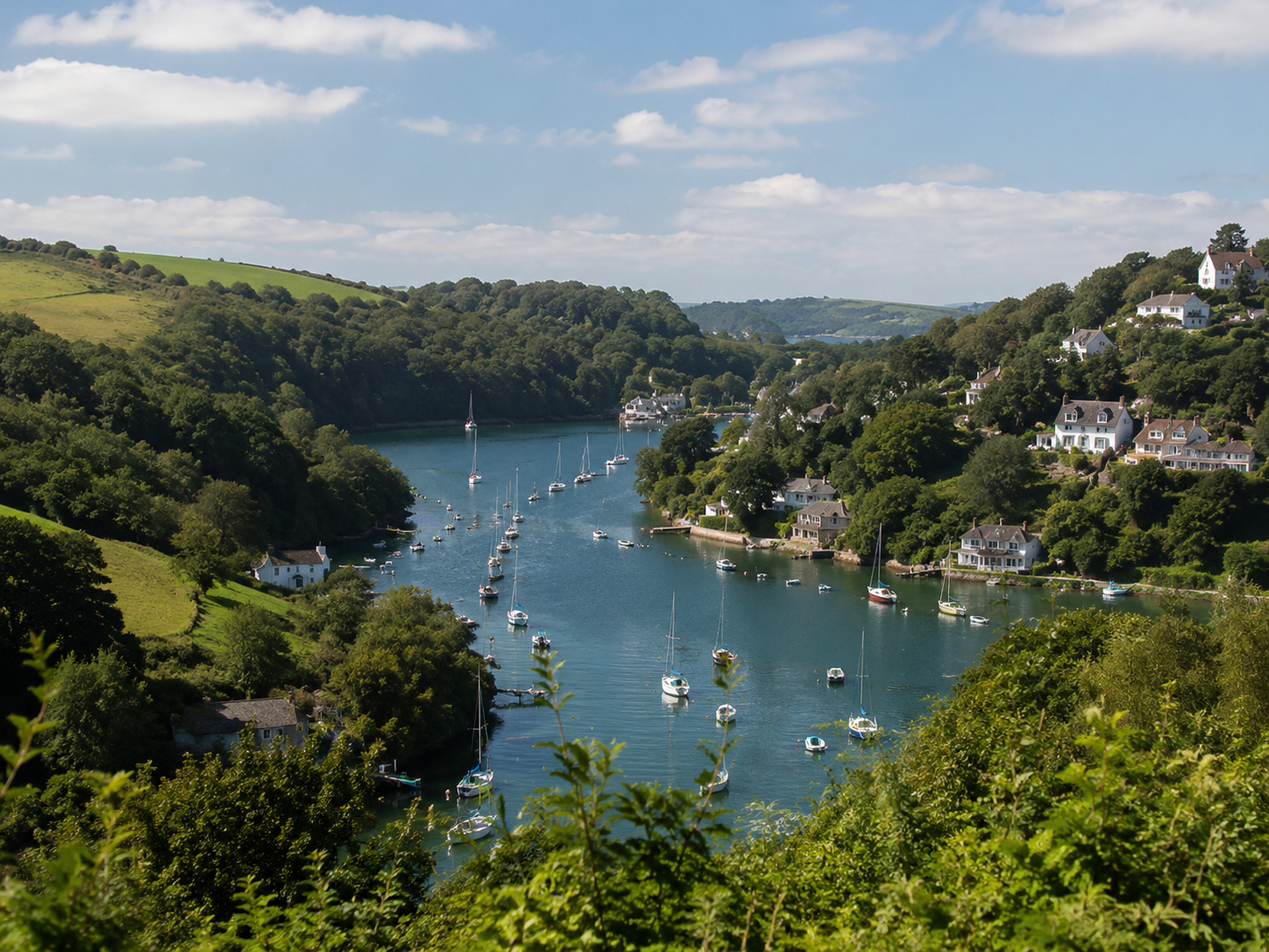 Scenic view of a river surrounded by green landscape with numerous boats anchored and houses on the hillside under a partly cloudy sky.