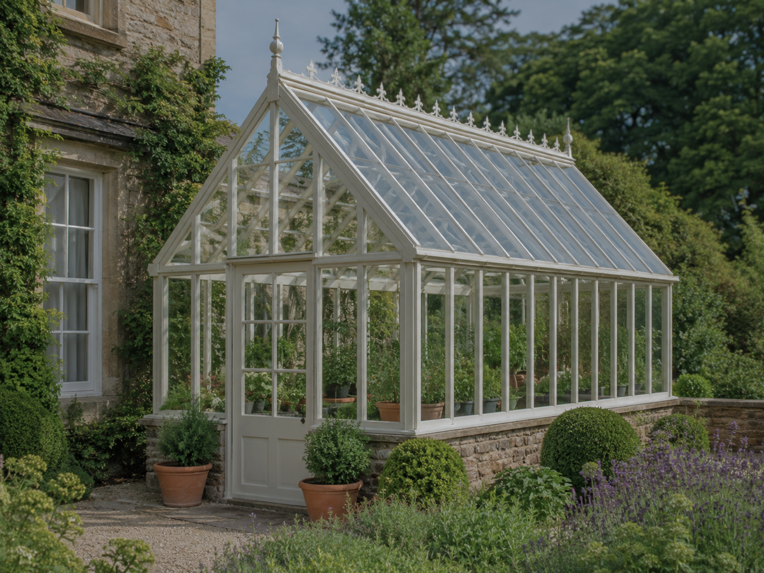 A white greenhouse attached to a stone house surrounded by lush green plants and potted flowers in a garden.