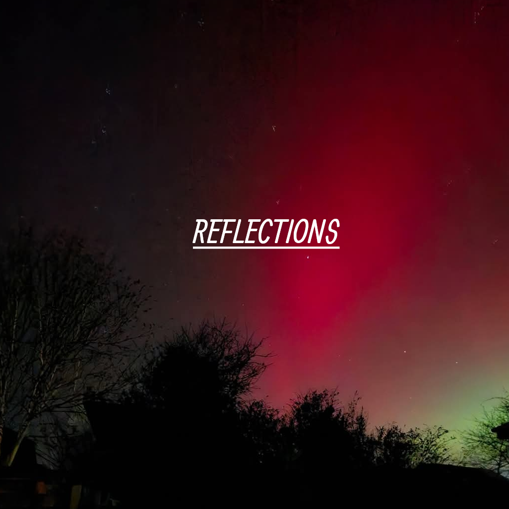 Night sky with colorful aurora and silhouettes of trees in the foreground, and the word 'Reflections' centered on the image.
