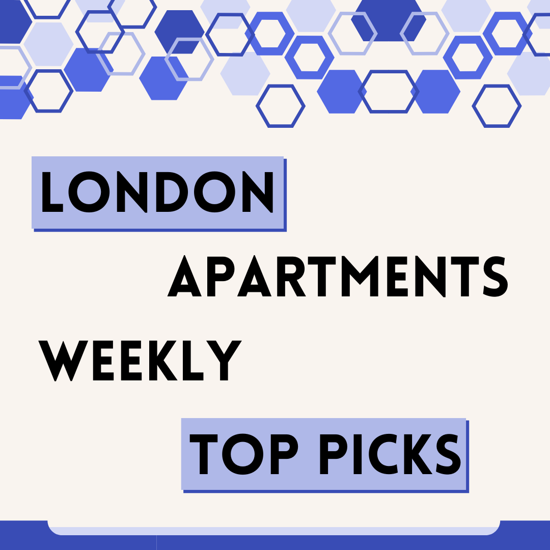 Graphic with blue hexagons at the top, containing the text "LONDON" and "TOP PICS" in bold black and blue letters. The background is beige, with black text reading "APARTMENTS WEEKLY" in the middle.