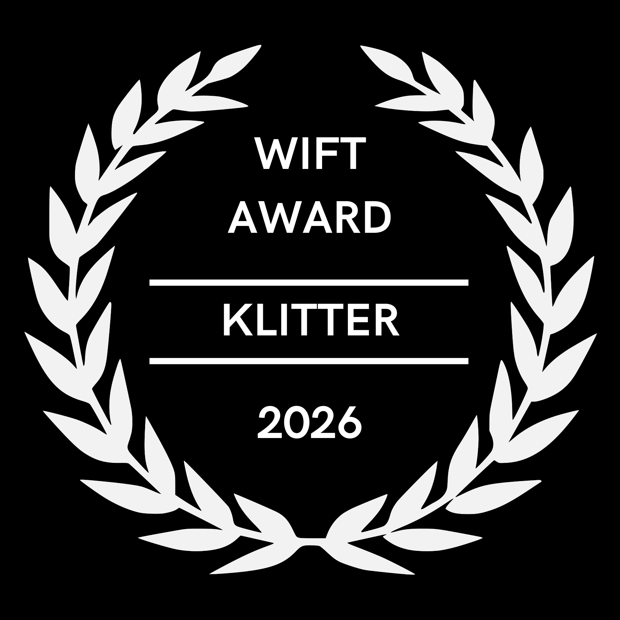 Logotyp för WIFT Award med en vit lagerkrans på svart bakgrund och text: 'WIFT Award 2026 Klitter'.