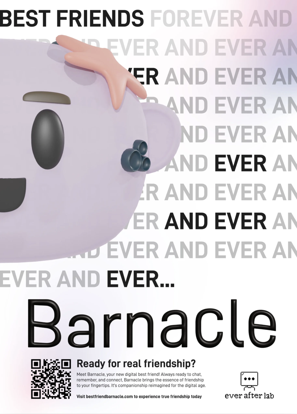 An illustration of a purple animal-like character with a black eye, a snout, and a pink hand on its head, accompanied by text about a digital friendship app called Barnacle by Ever After Lab.