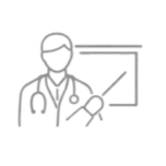 Line drawing of a doctor wearing scrubs and a stethoscope around their neck, pointing at a presentation board with a pointer.