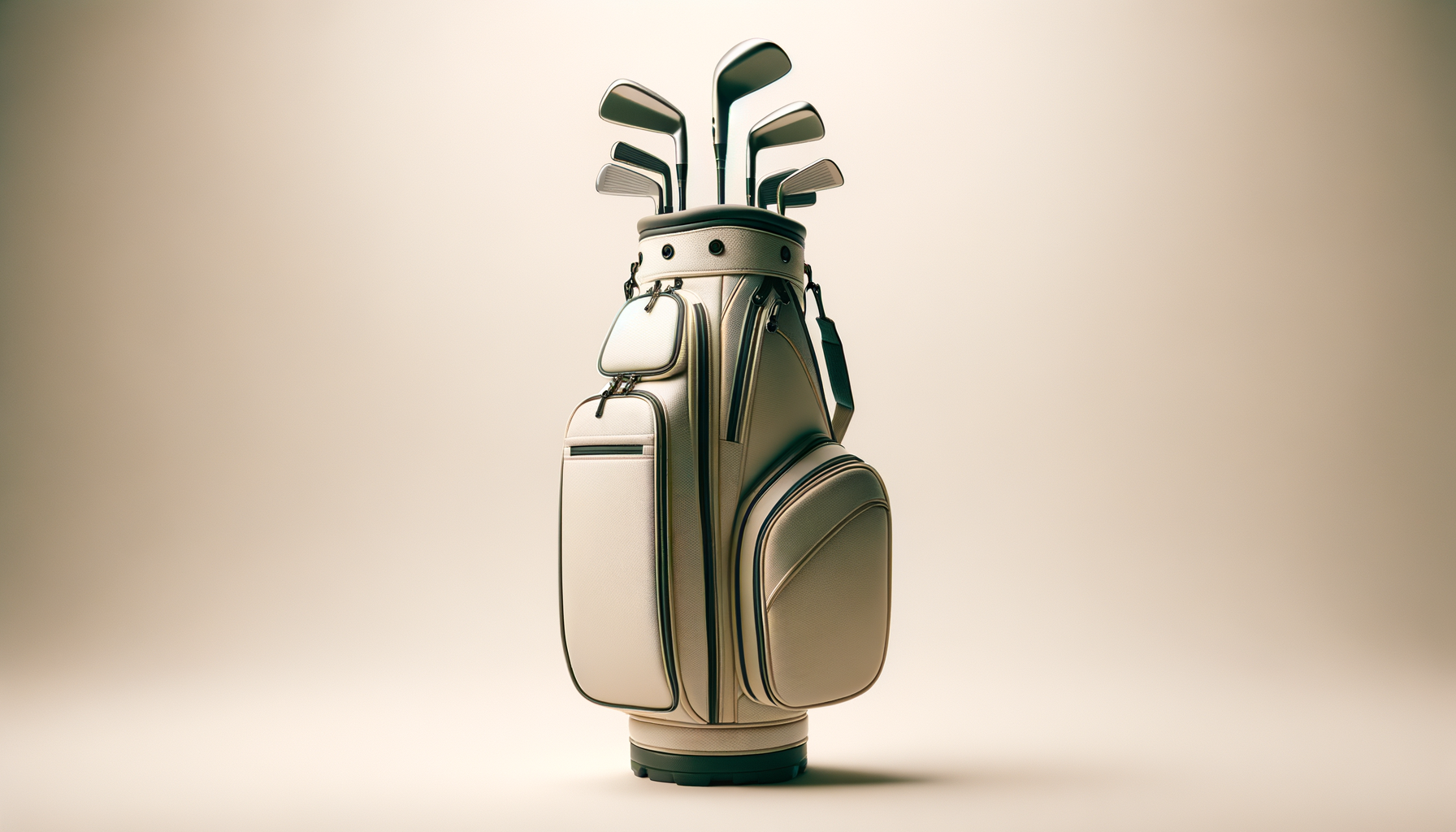 A golf bag filled with golf clubs standing on a neutral background.