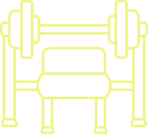 Line drawing of a weight bench with barbell and weights.
