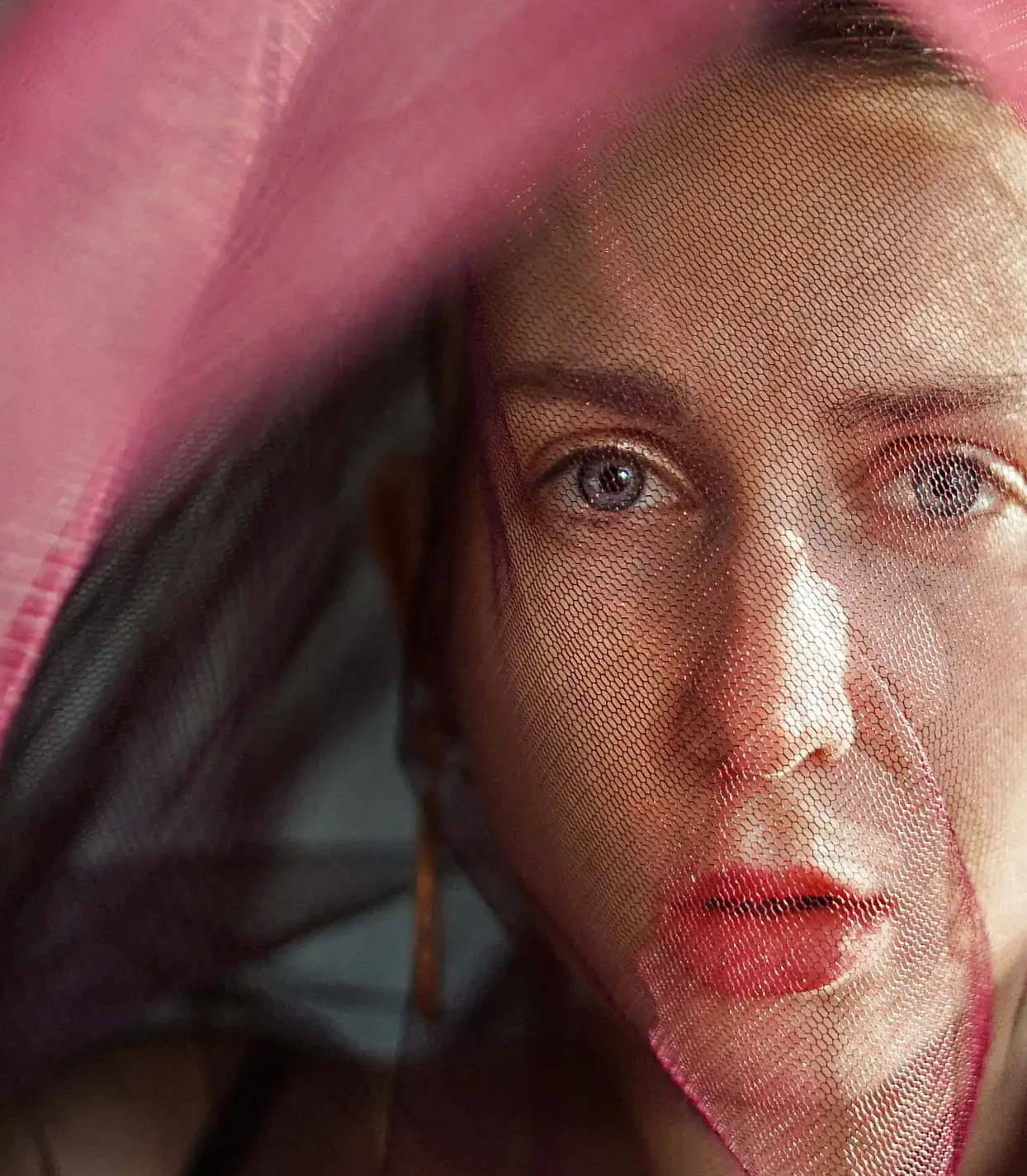 A woman with blue eyes and red lipstick, partially obscured by a pink mesh fabric.
