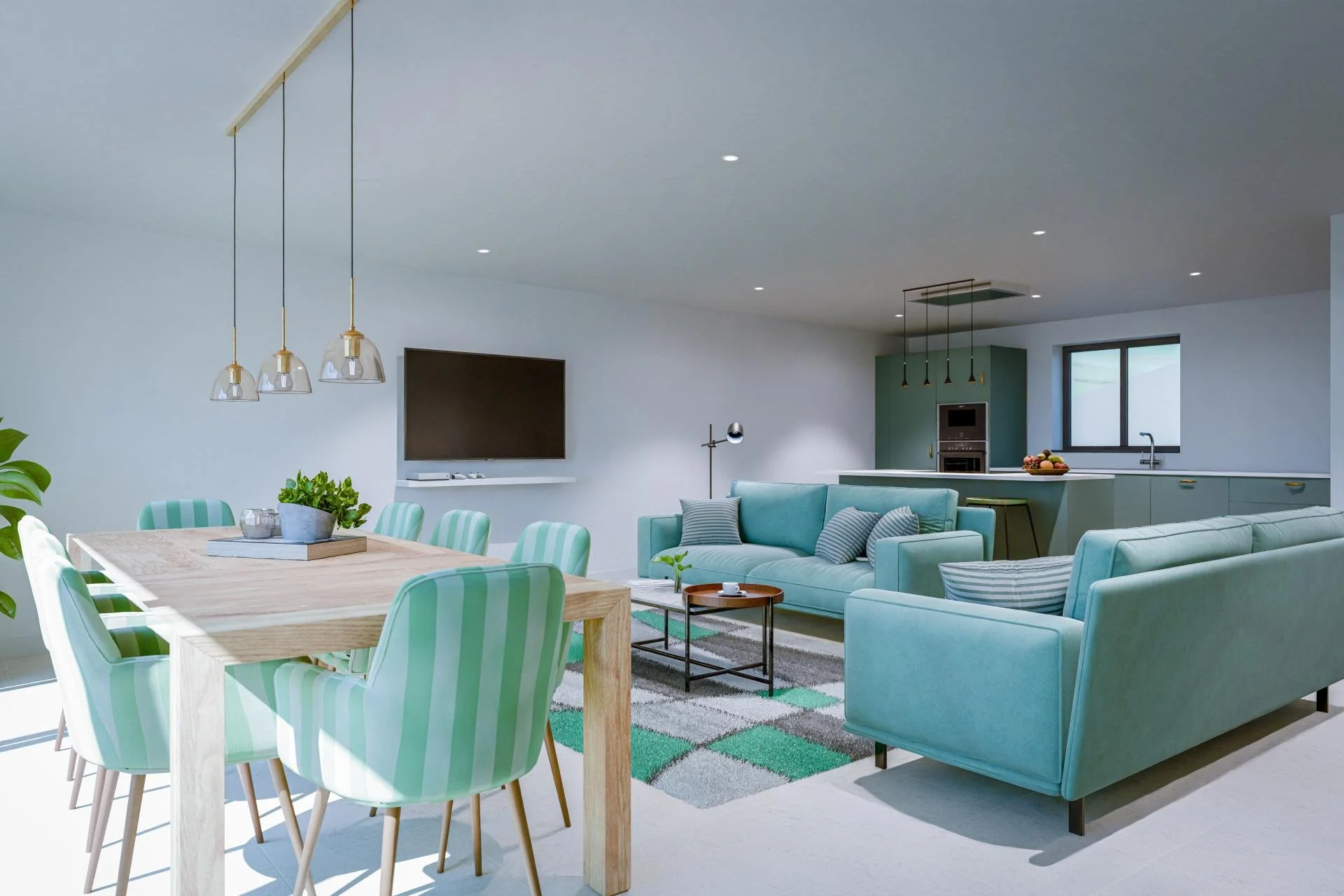Open-concept living and dining area with pastel furniture, a wooden dining table with striped chairs, a turquoise sofa, a flat-screen TV, and a modern kitchen with green cabinets and pendant lighting.
