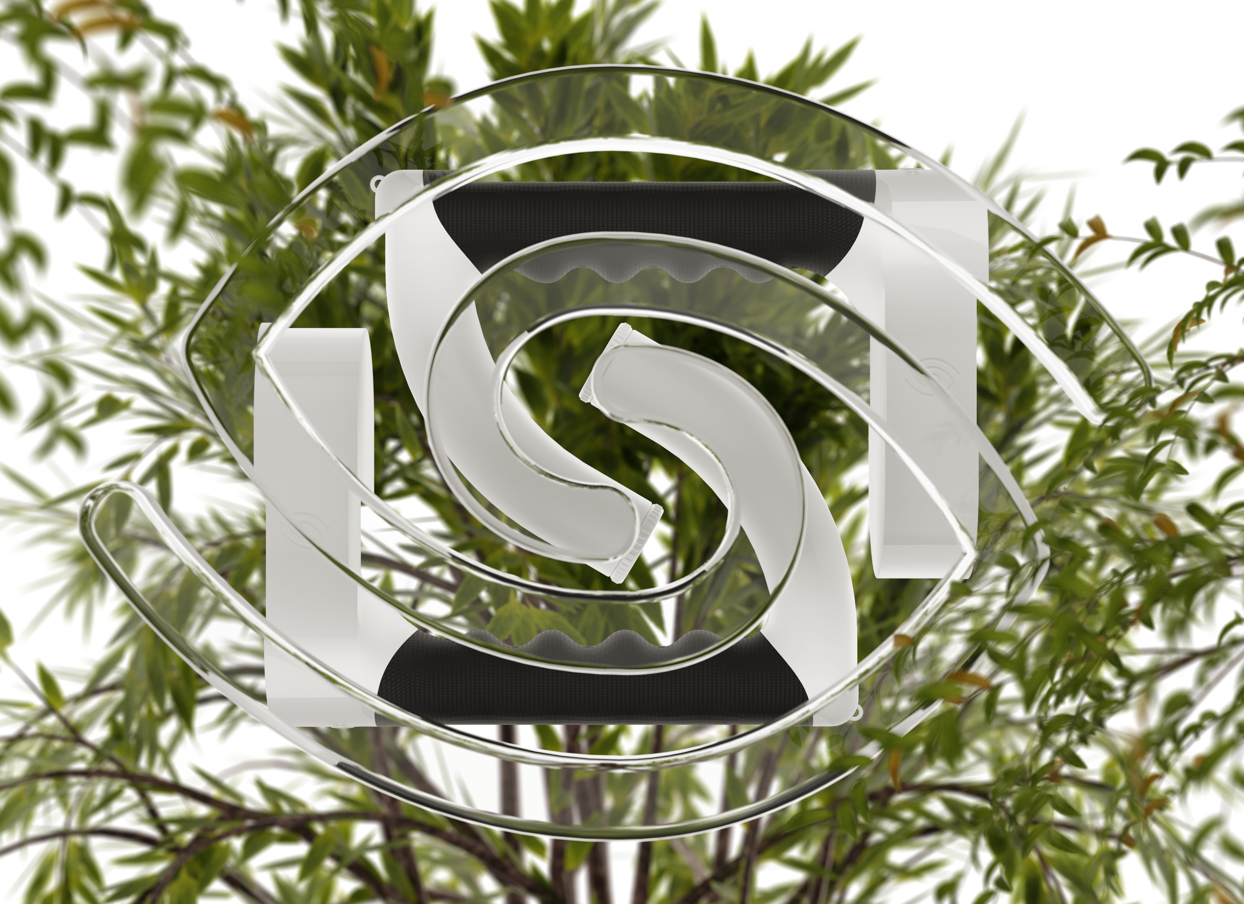 A modern white and black security camera mounted in a lush green outdoor environment with leafy branches surrounding it.
