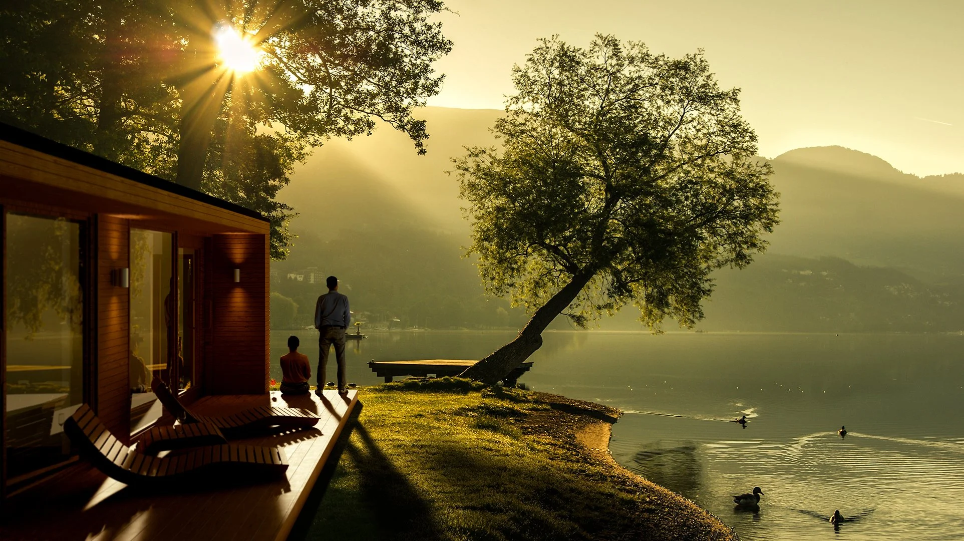 A peaceful lakeside scene at sunrise with a man and a woman, trees, ducks swimming, and a building on the left, with warm sunlight creating a serene atmosphere.