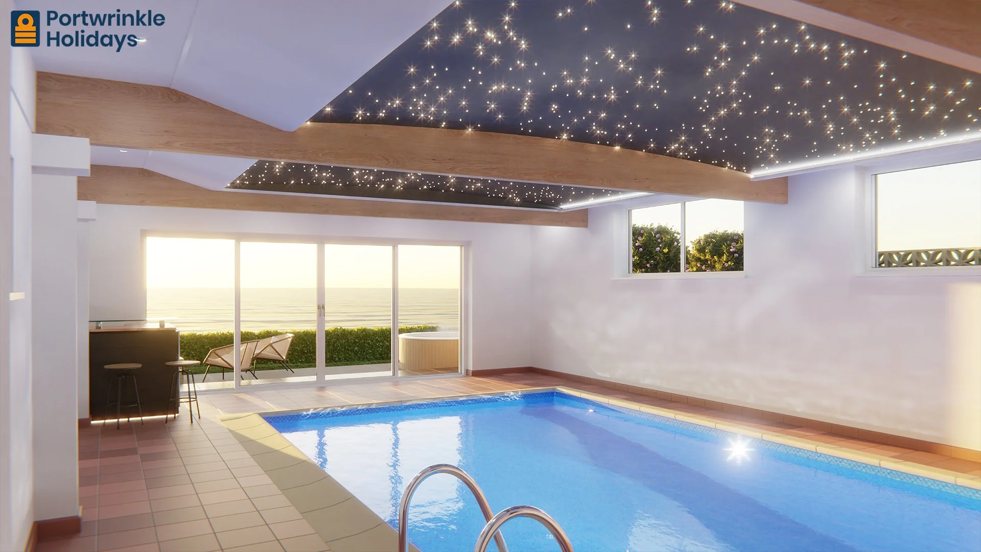 Indoor swimming pool area with large sliding glass doors showing an ocean view, starry ceiling with fairy lights, and potted plants outside