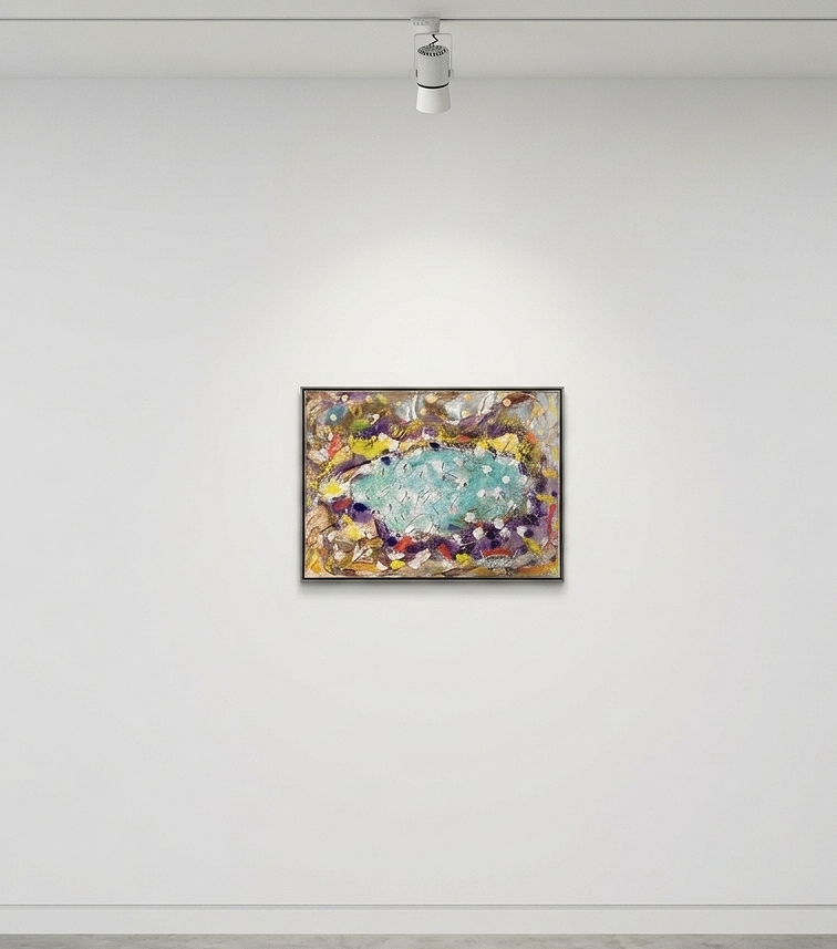 A colorful abstract painting hangs on a white gallery wall beneath a ceiling spotlight.