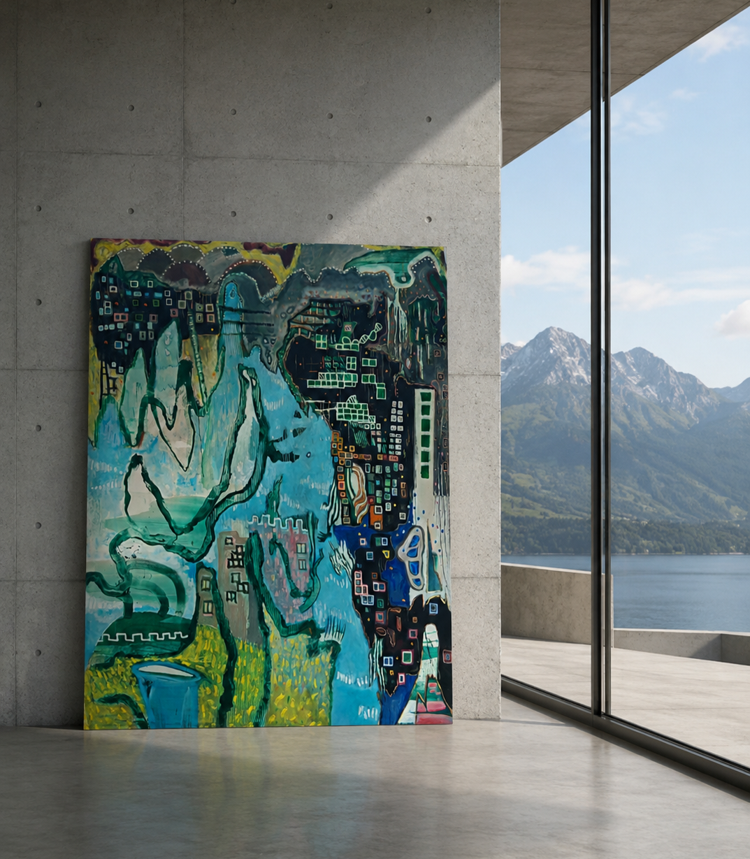 Colorful abstract painting leaning against a concrete wall with large window and mountain view outside.