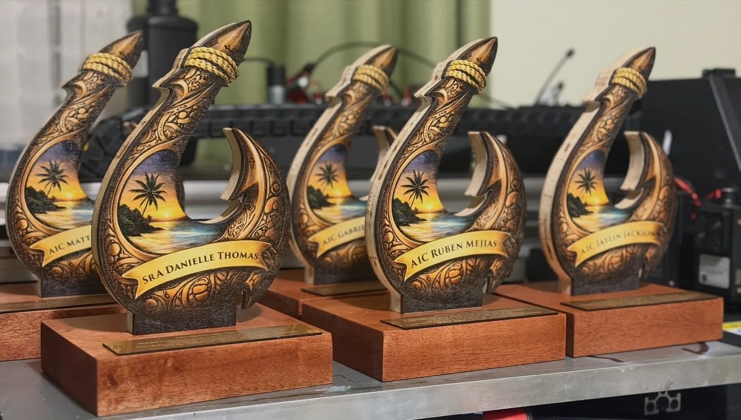 Combining all our capabilities to best fulfill you ideas!
Uv Print, CO2 laser cut, UV laser engraving, CNC router cut, and good old fashioned hand sanding come together to make a premium trophy here 
@avidcnc pro 4896 in action. 
#guam #madeinguam #h