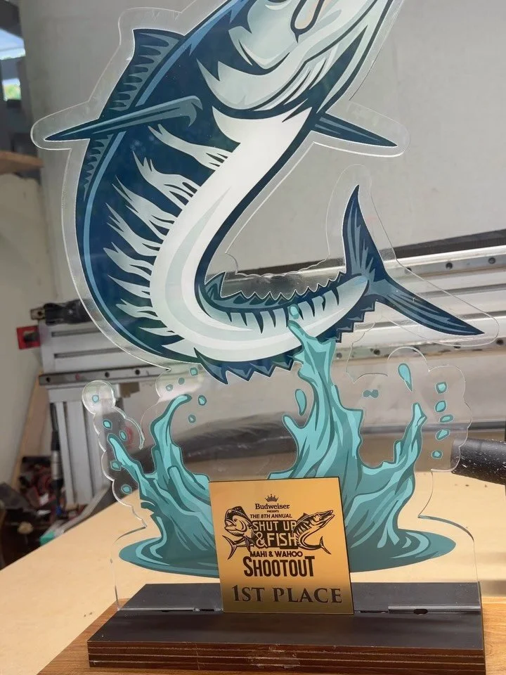 Reverse printed acrylic, mahogany base large format trophies for @shutupandfishguam Mahi and Wahoo Shootout, sponsored by @ambroshomeandfamily Budweiser!
#hafaadai #guam #671 #madeinguam