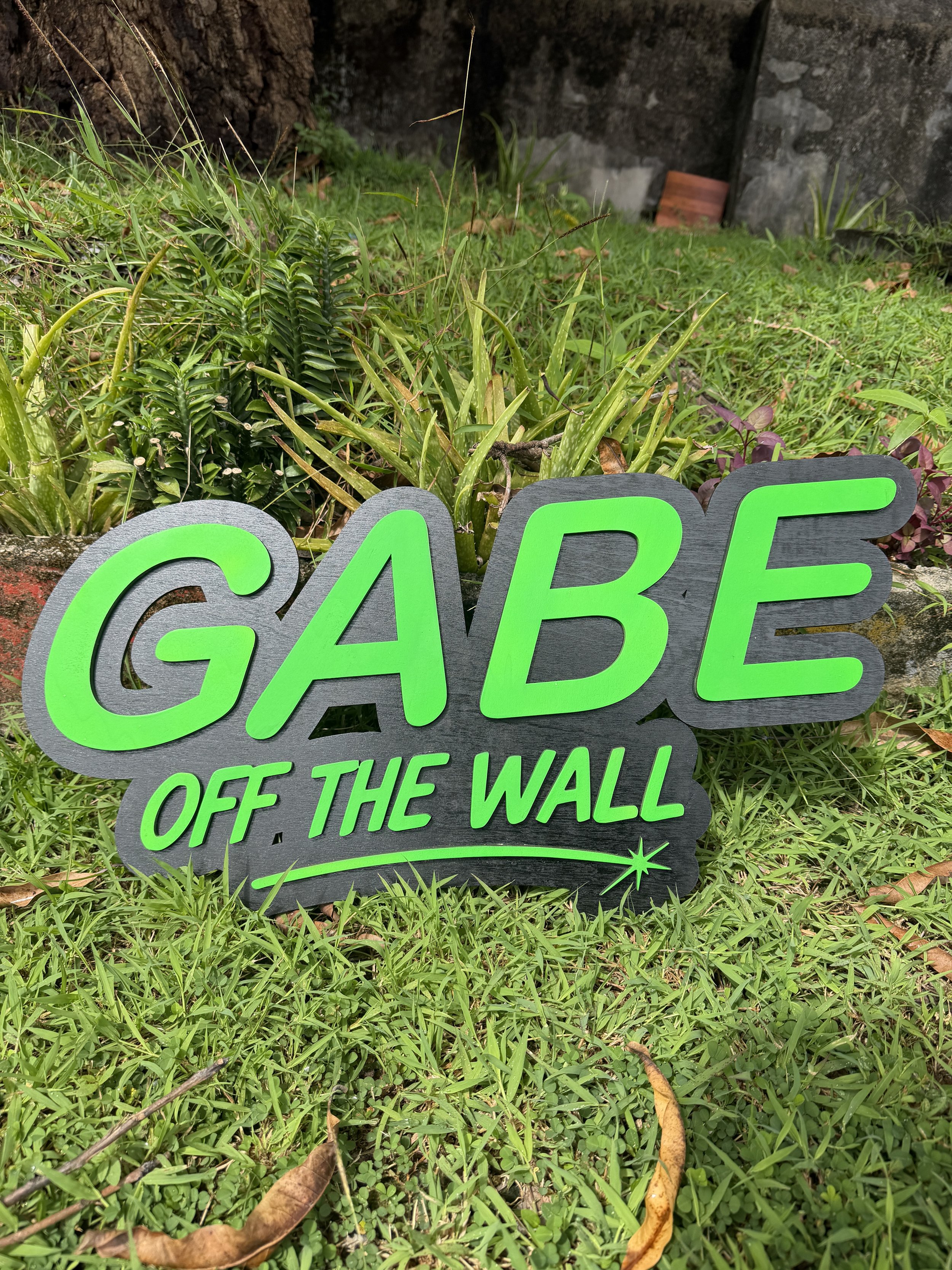 Garden sign with green lettering that says 'GABE OFF THE WALL' placed among grass and small plants, with a background of a stone wall and tree trunk.