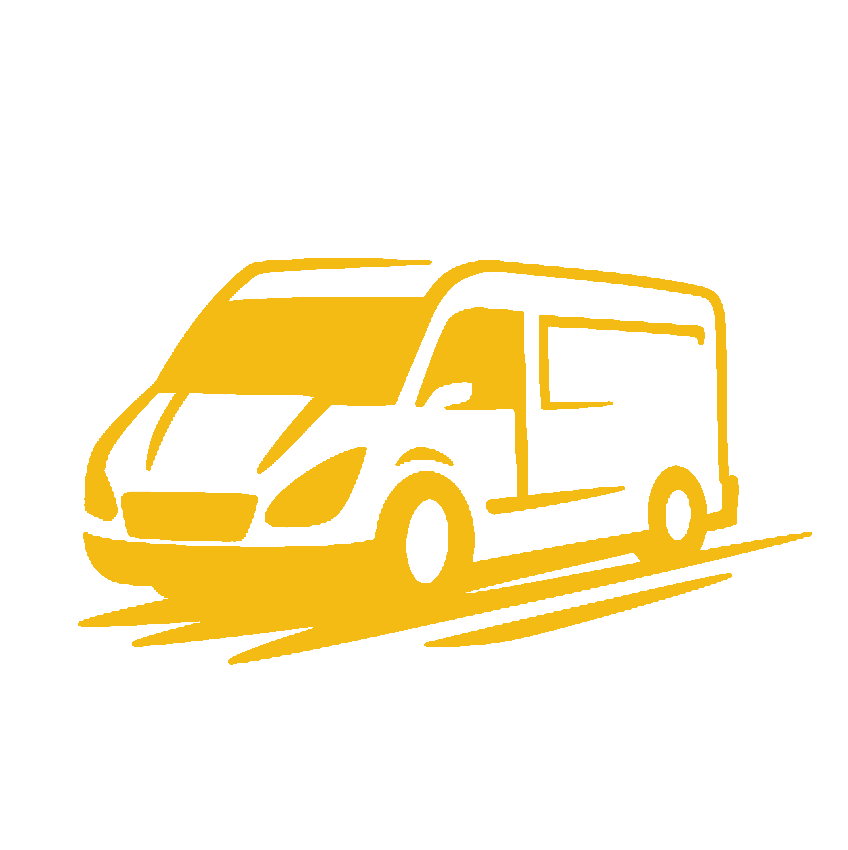A simplified illustration of a yellow delivery van on a black background.