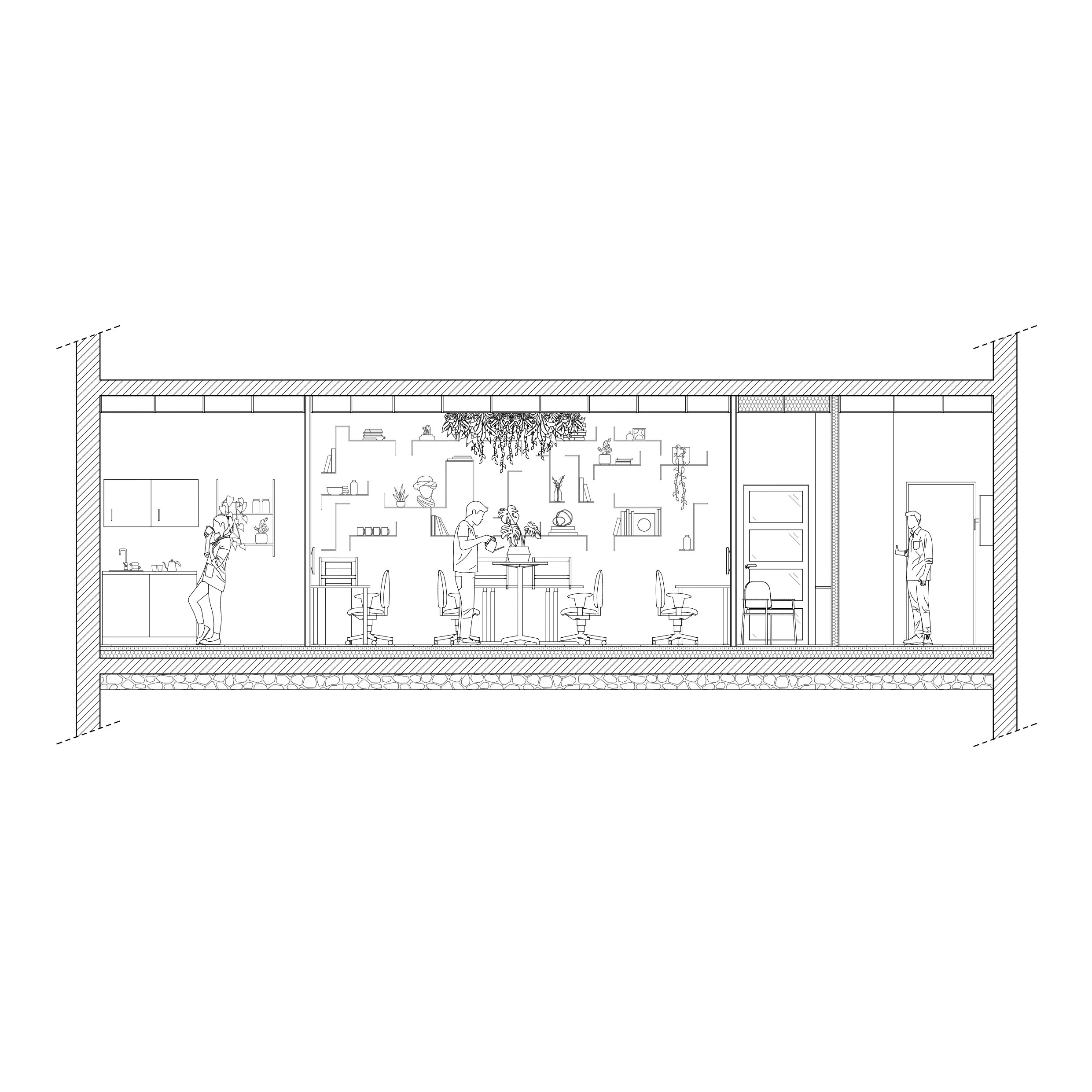 Plan détaillé d'une maison à un étage avec intérieur visible, comprenant un salon, une cuisine, une chambre et un bureau, avec des meubles et des plantes.