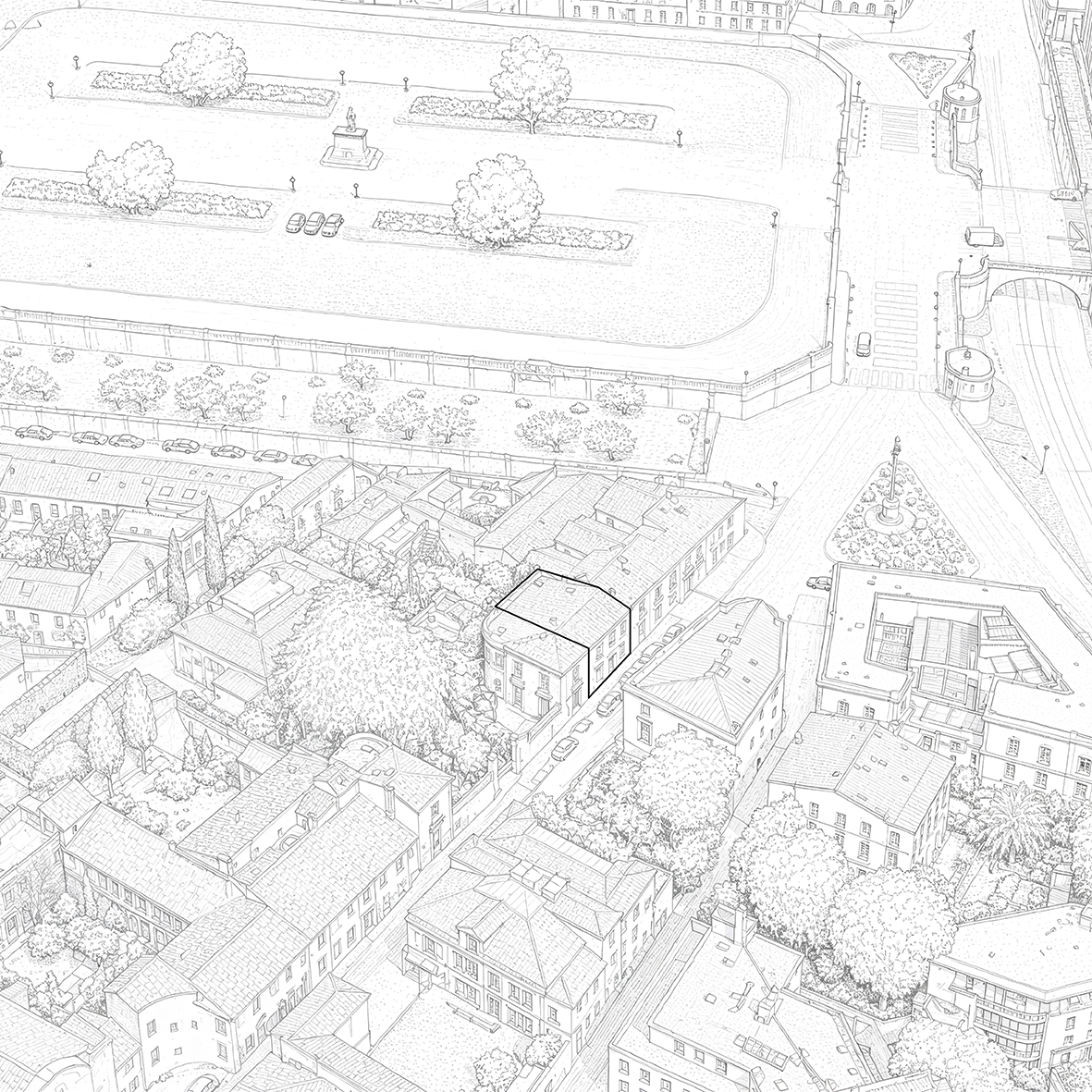 Vue aérienne d'une zone urbaine avec des bâtiments résidentiels, un parc avec une statue, des arbres, des voitures stationnées et des rues.
