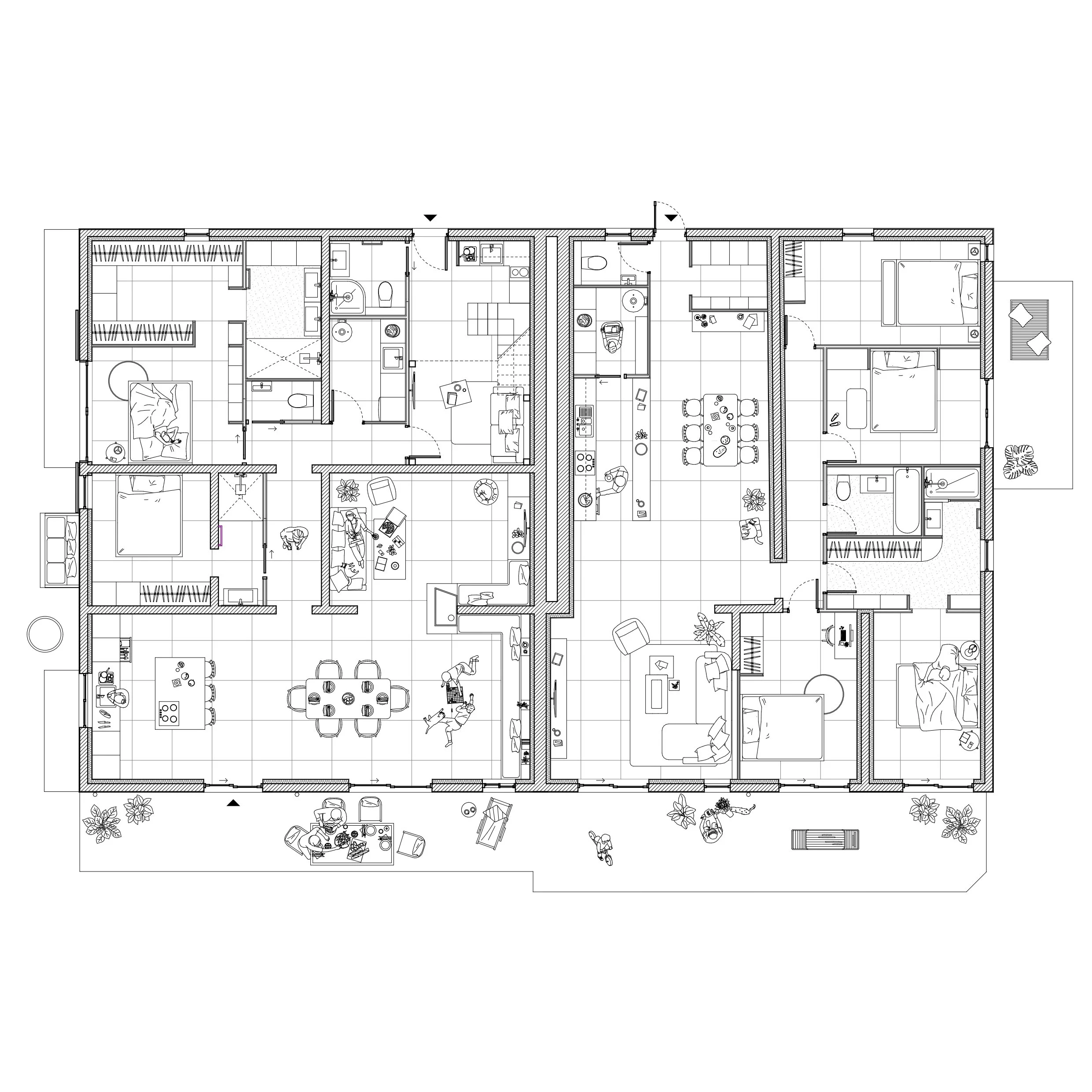 Plan architectural d'une maison avec différentes pièces, meubles, et espaces de vie, y compris chambre, salon, cuisine, salle à manger, et extérieur avec plantes et mobilier.