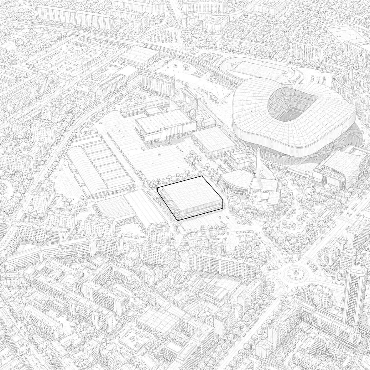 Plan d'une ville en ligne avec un stade, un bâtiment en forme de cube, et plusieurs autres structures environnantes.
