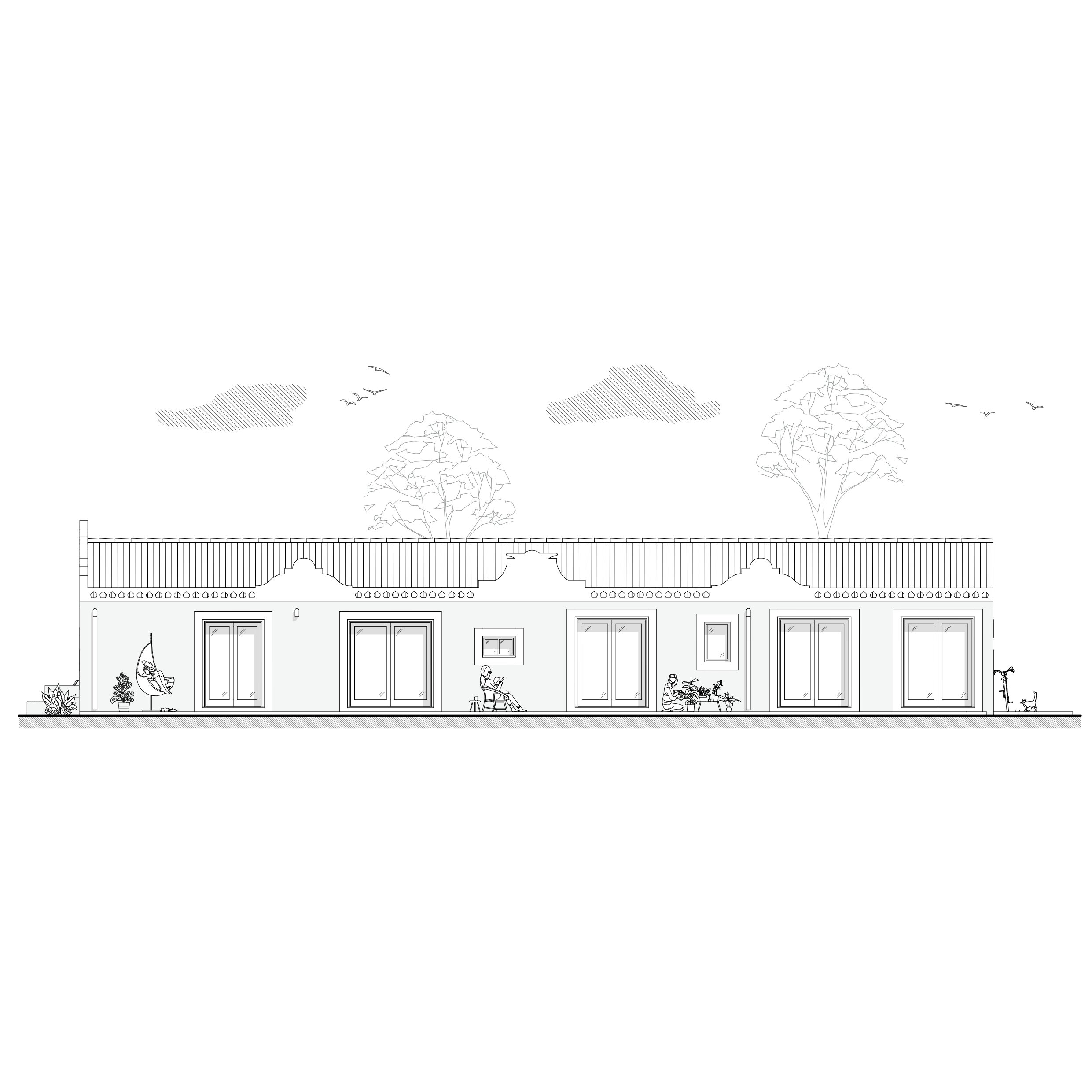 Croquis d'une maison avec arbre, famille et animaux dans une ligne claire. 
