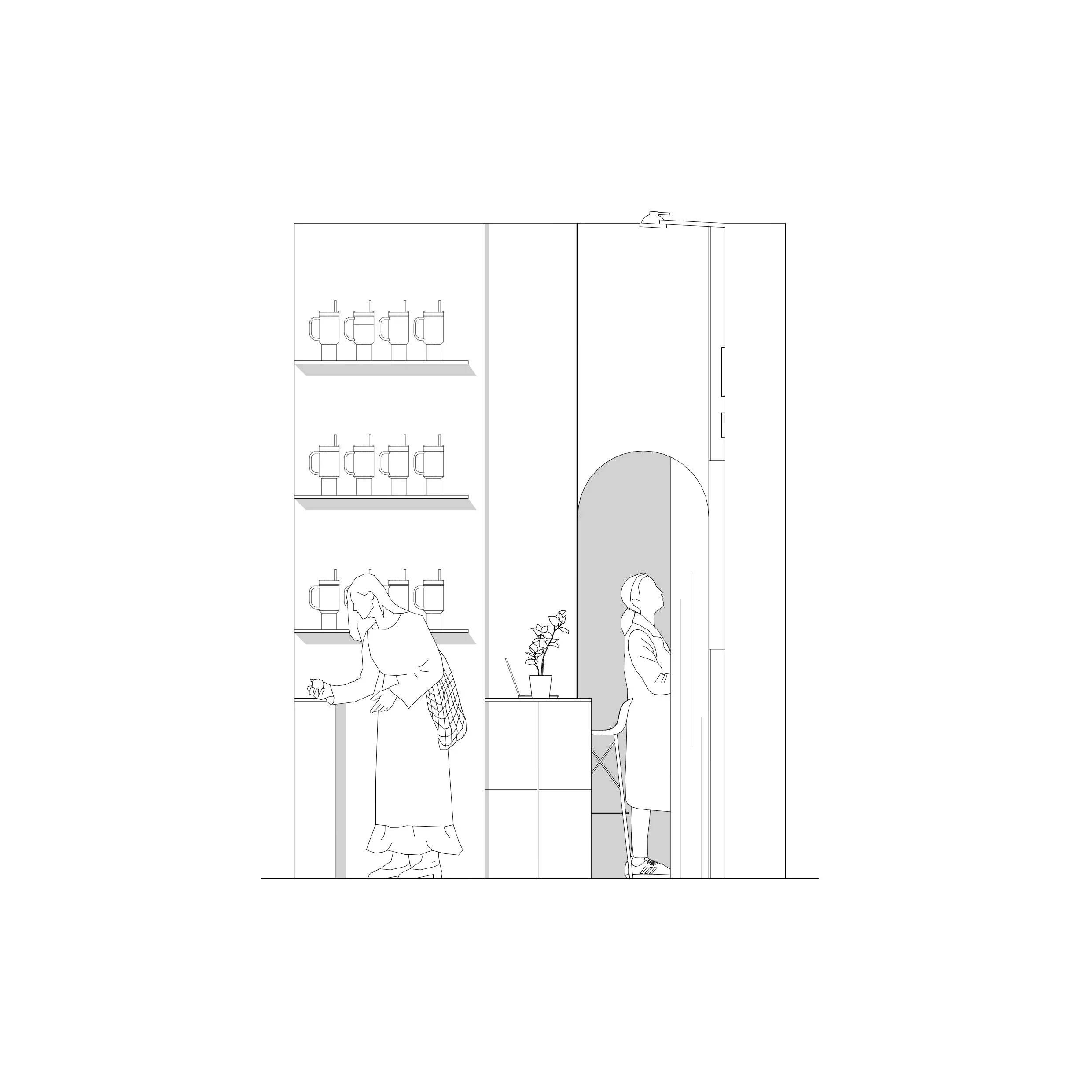 Un dessin technique illustrant une armoire avec des étagères contenant des tasses empilées, un évier avec un robinet et deux personnes discutant à l'intérieur.