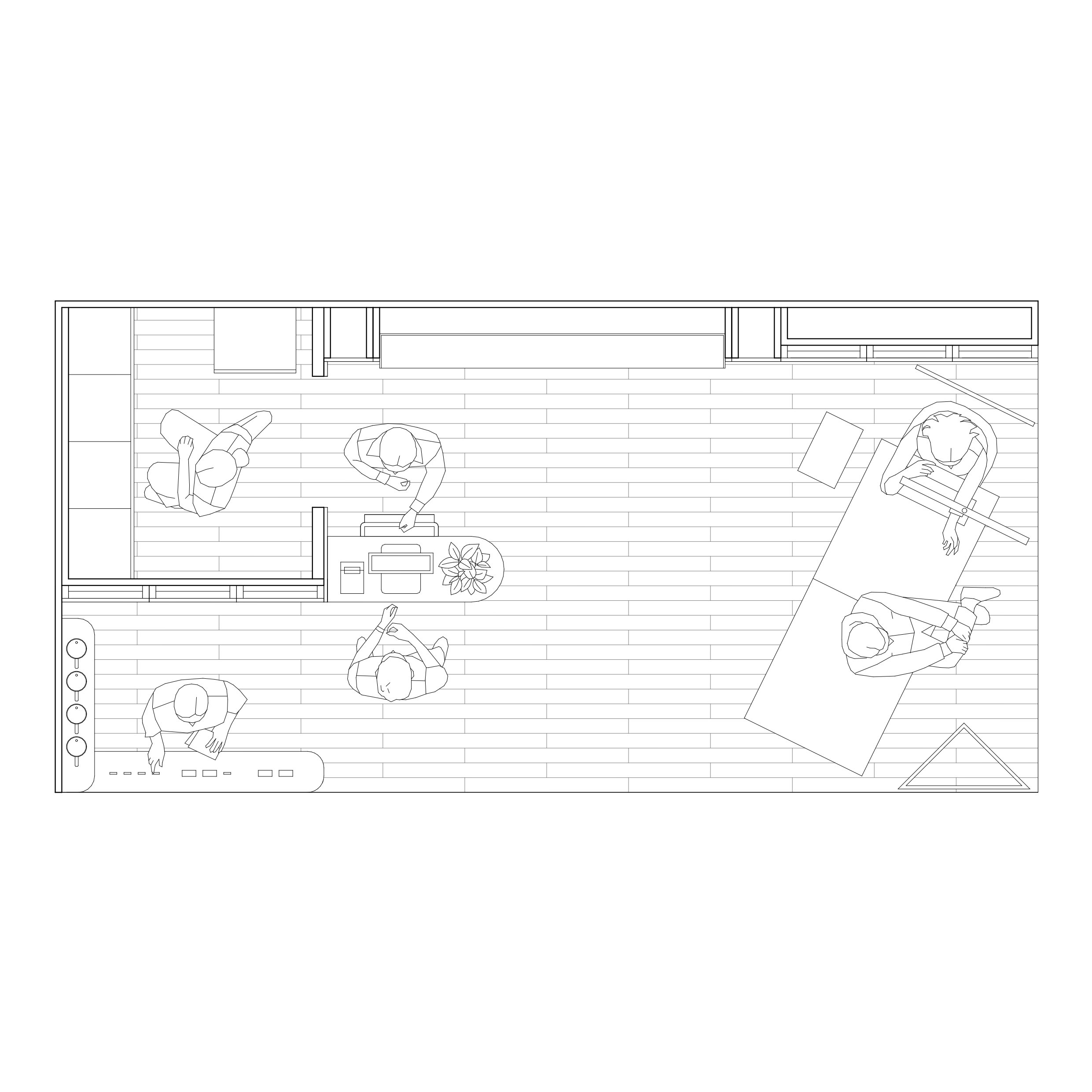 Plan d'étage d'un intérieur avec des personnes installées et des meubles, vue en perspective.