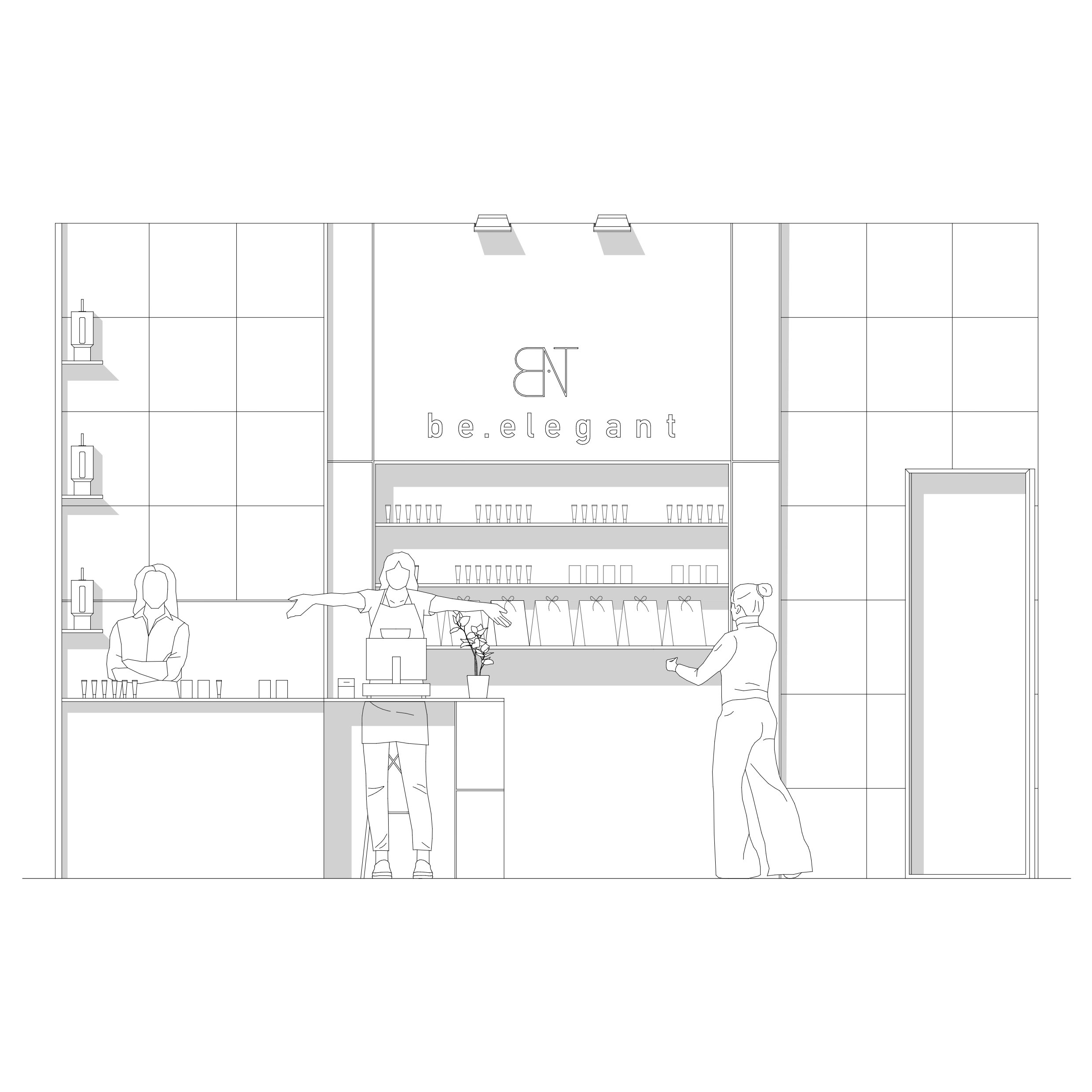 Un dessin technique d'une devanture de magasin avec le nom 'B. be.elegant' et plusieurs silhouettes humaines en interaction.