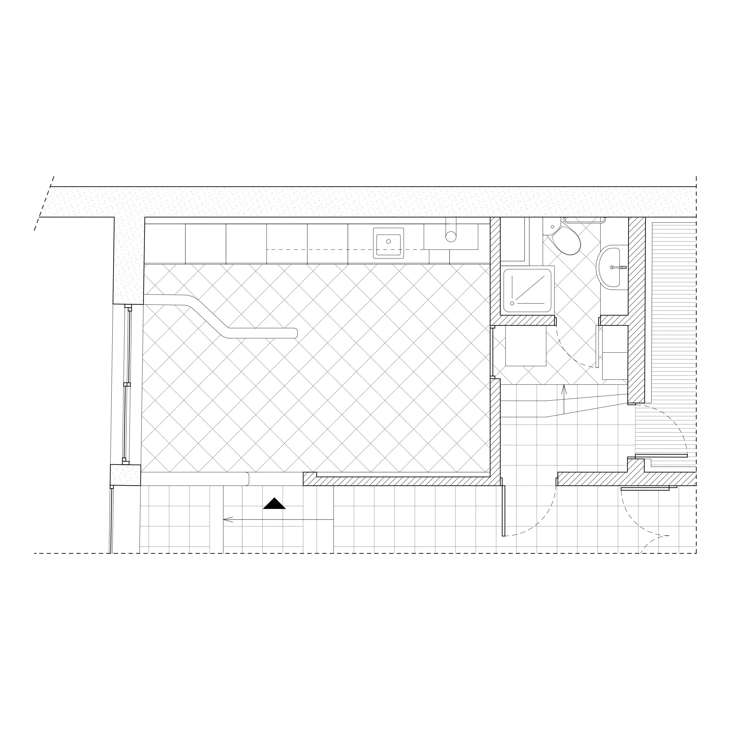 Plan architectural d'une salle de bain avec une douche, un WC, un lavabo, et un espace de rangement.