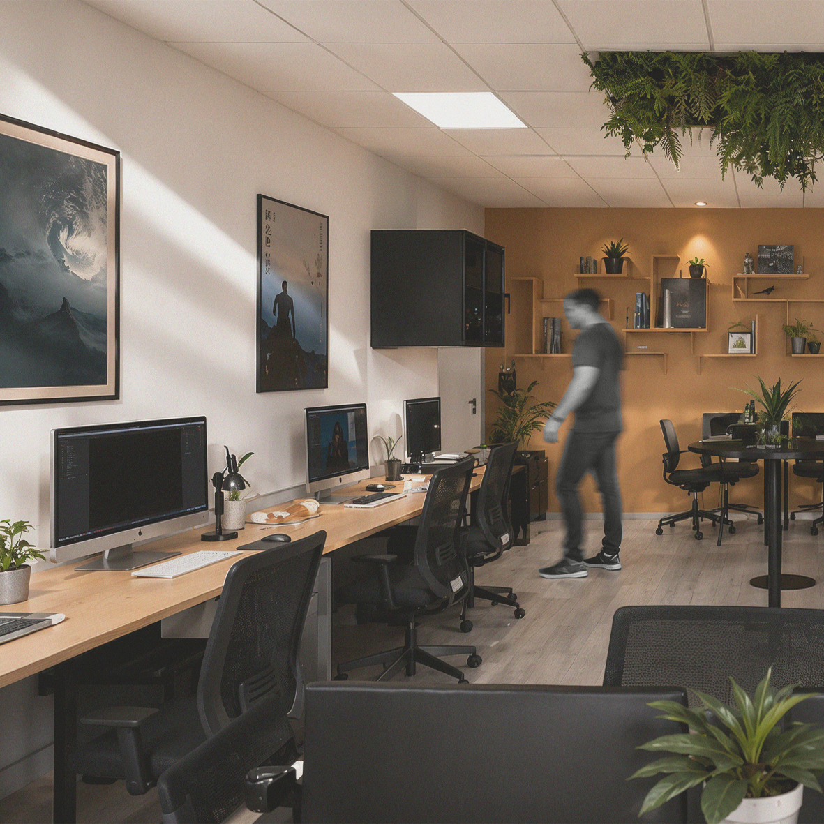 Espace de bureau avec plusieurs ordinateurs, chaises, plantes et œuvres d'art murales. Personne debout.