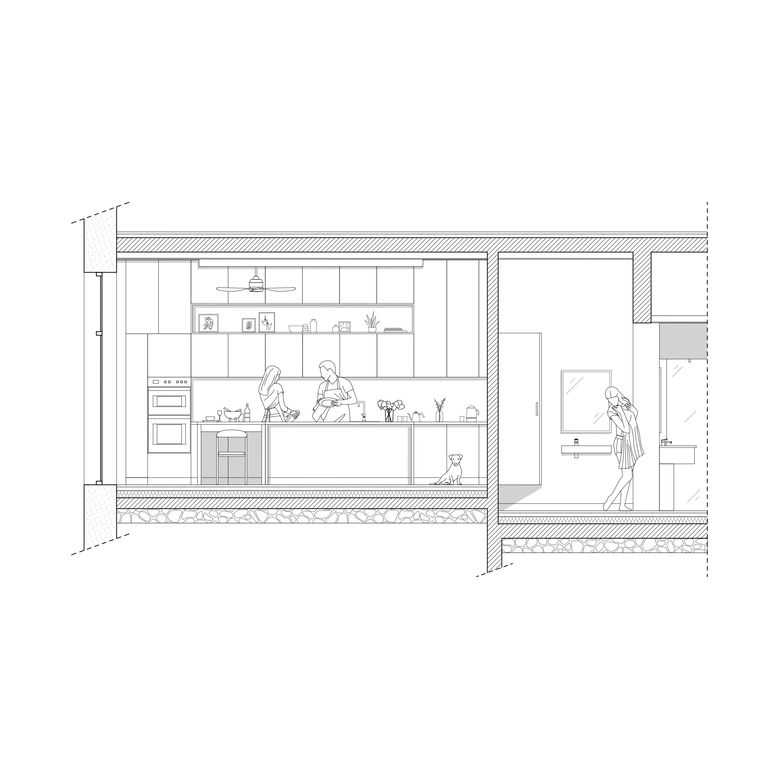 Schéma technique d'une maison avec personnage, chien et éléments de décoration à l'intérieur, vue en coupe.