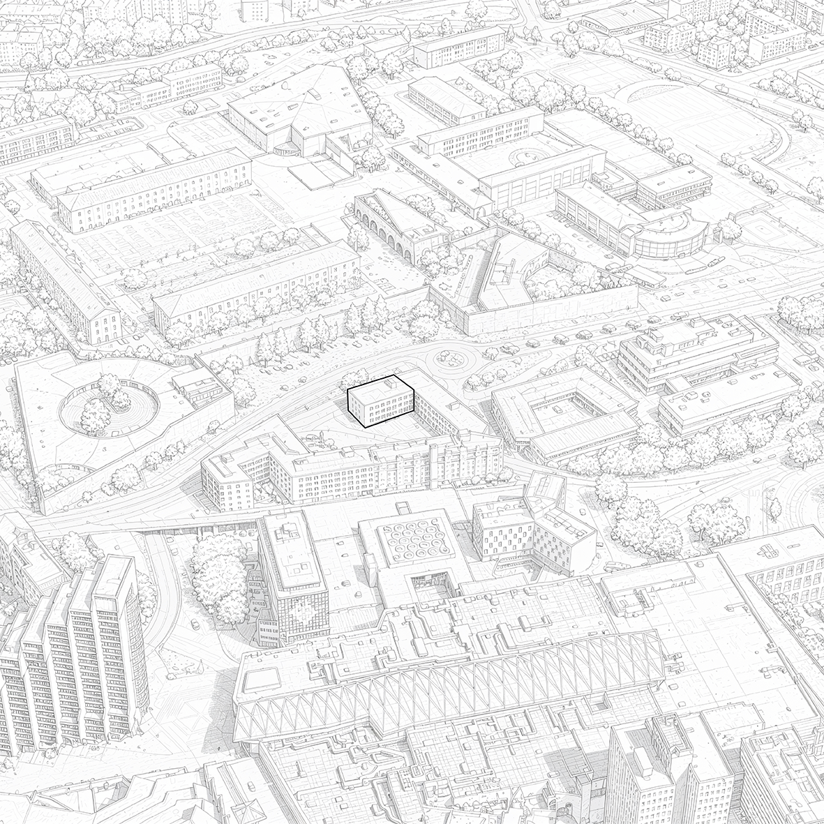 Une vue aérienne d'une zone urbaine avec plusieurs bâtiments, routes, et espaces verts, comprenant une zone piétonne et des terrains de sport.