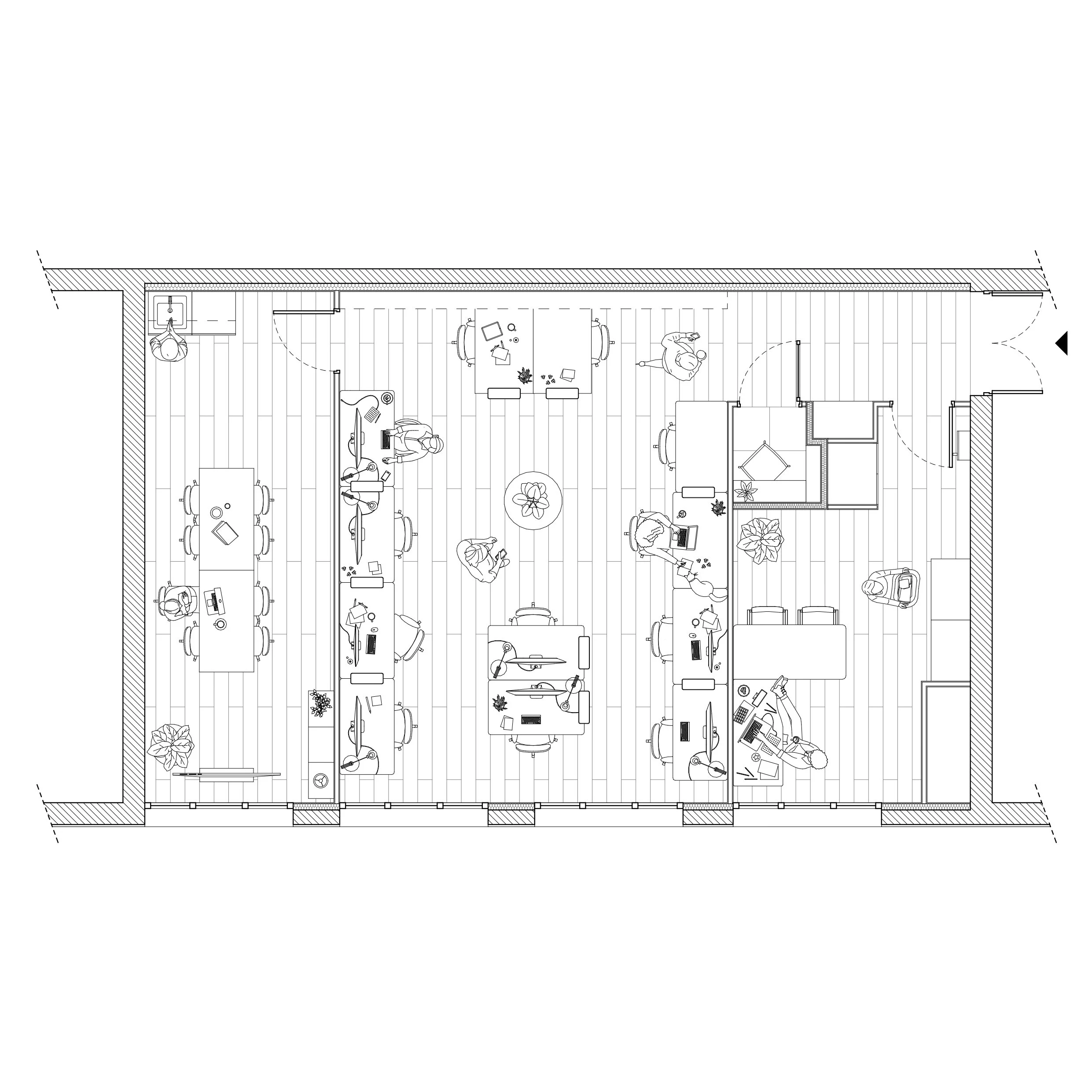 Plan architectural intérieur montrant un espace de bureau avec des tables, des chaises, des plantes et des personnes travaillant sur des ordinateurs.