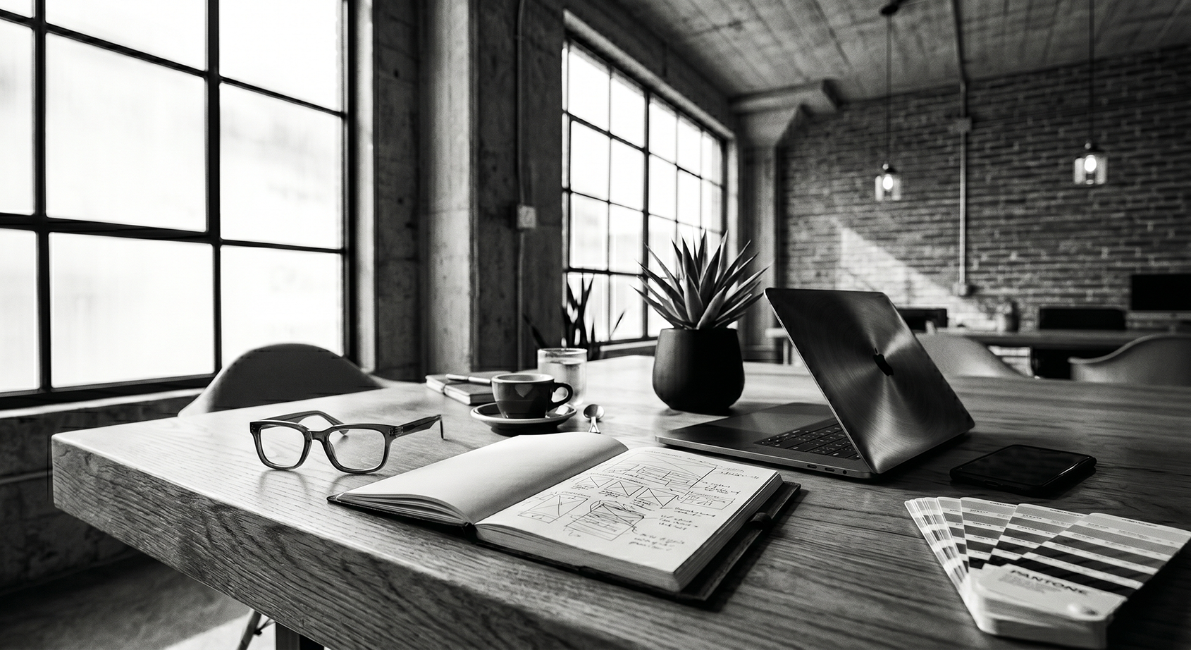 Conference table in a loft office. Open MacBook Pro, sketchbook with layout ideas, Pantone color fan