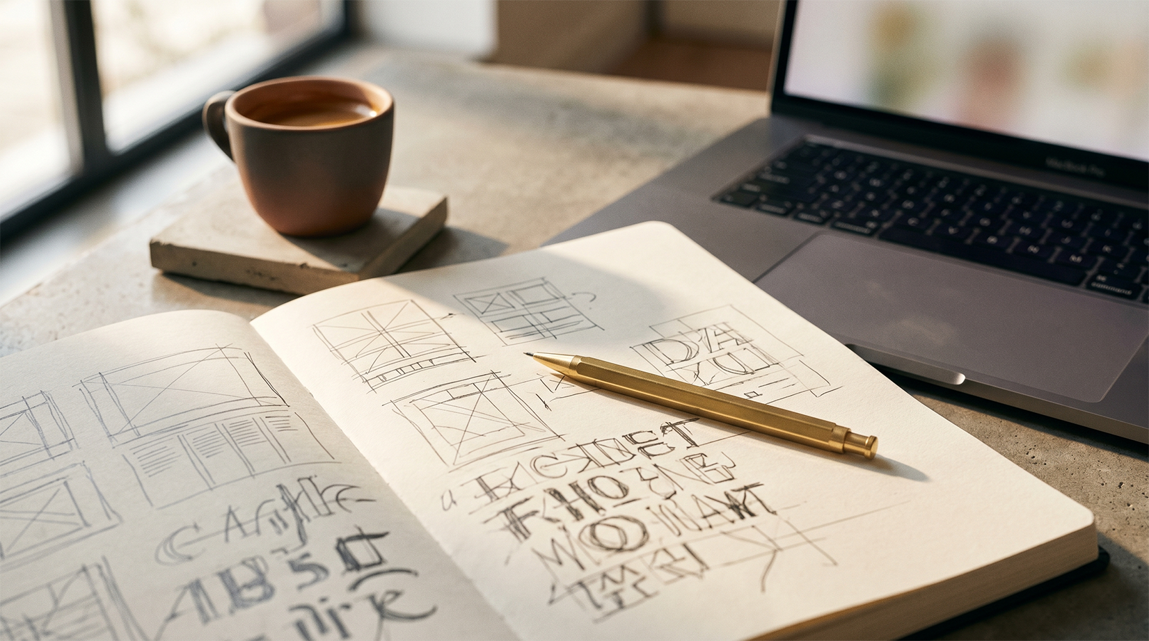 open sketchbook of a graphic artist on a work table. Macbook Pro and Espresso in the background