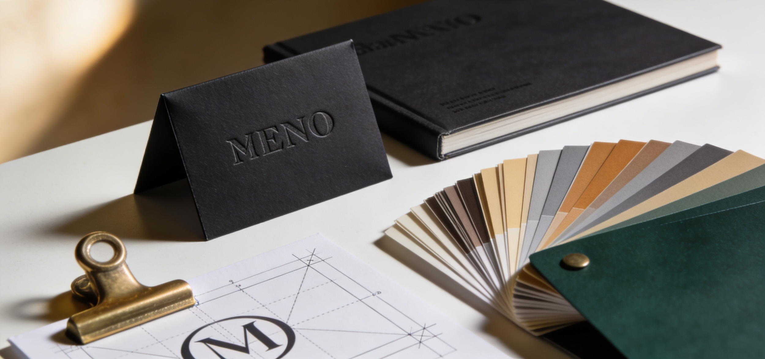 Brand assets and color swatches displayed on a white desk
