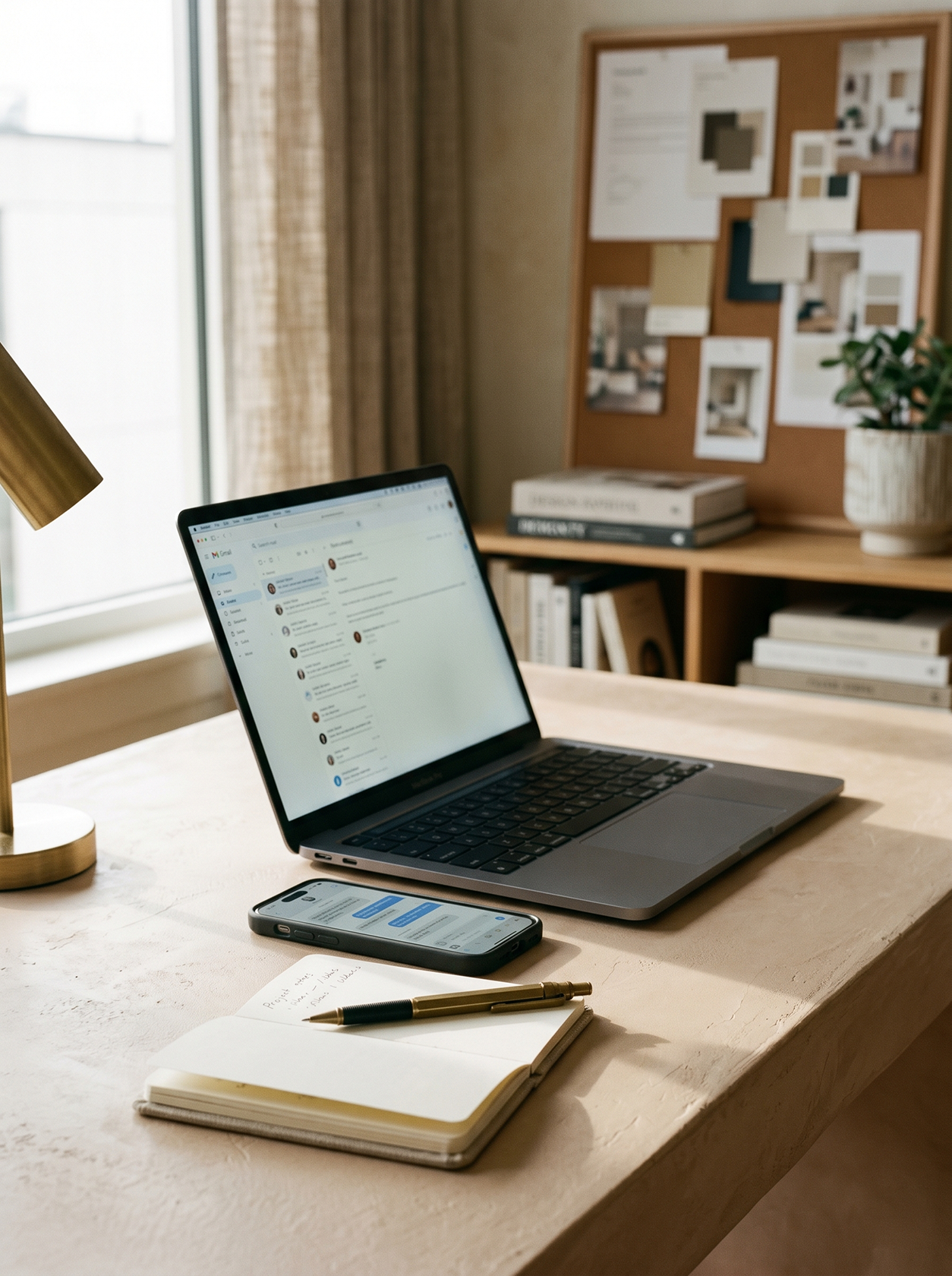 Open MacBook Pro and an iPhone on a clean wooden desk in a creative office. Notebook and pen in the foreground