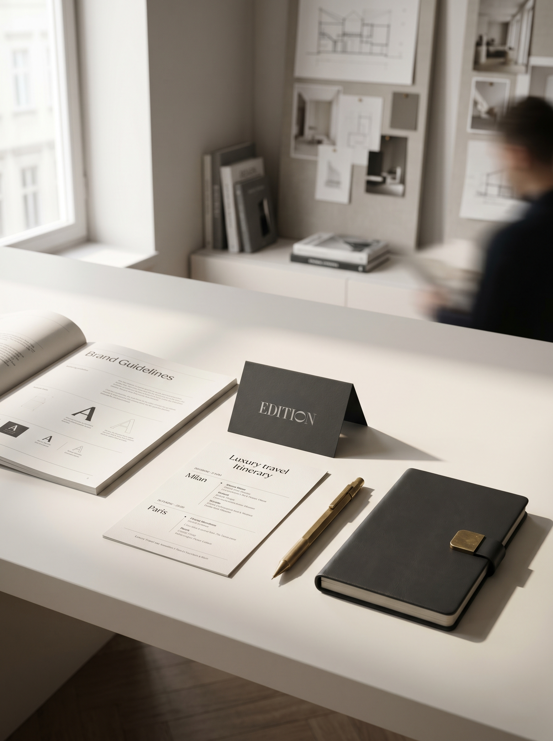 Side Table in a modern creative office showcasing brand guidelines and other branded materials longside a notebook with mechanical pencil.