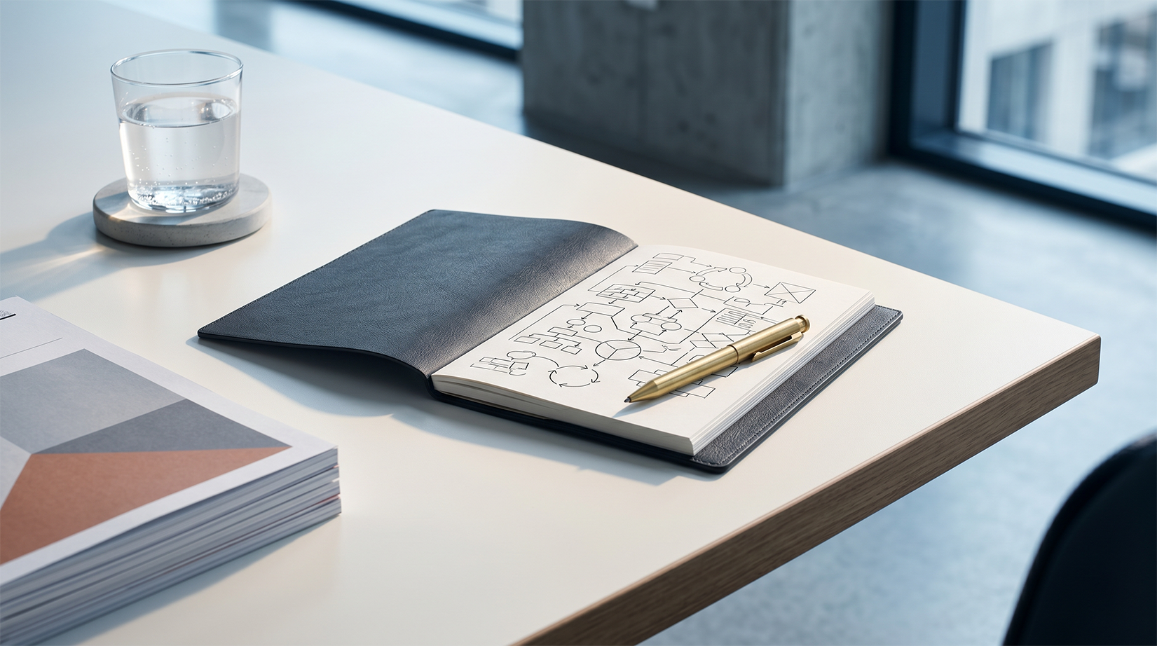 An open notebook with a basic org chart on a large conference table