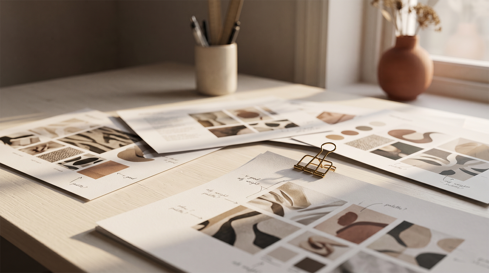 Multiple large print-outs of a creative project on a desk for review.