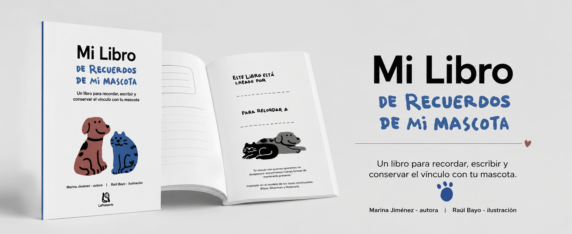 Portada y interior de un libro titulado 'Mi Libro de Recuerdos de mi Mascota', con ilustraciones de un perro y un gato, y texto en español sobre recordar y conservar vínculos con las mascotas.
