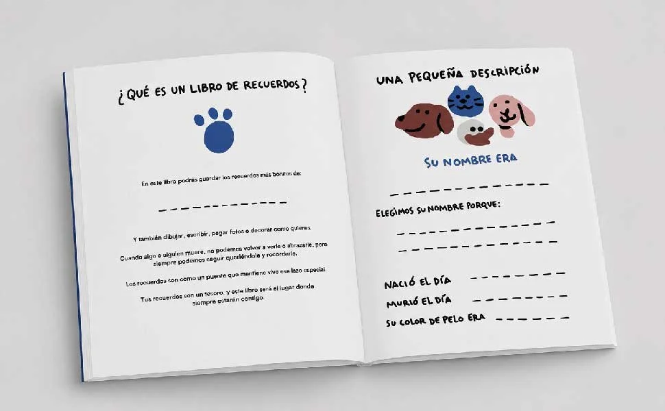 Libro de recuerdos con ilustraciones de perros, textos en español sobre la importancia de los recuerdos y cómo crear un libro de memorias, con espacio para nombre, fecha de nacimiento y color de pelo del perro.