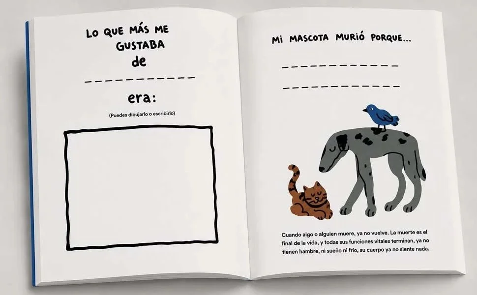 Libro abierto con espacio para dibujar en la página izquierda y un texto en la derecha acompañado de ilustraciones de un gato, un perro y un pájaro. El texto habla sobre la muerte y el fin de la vida de las mascotas.
