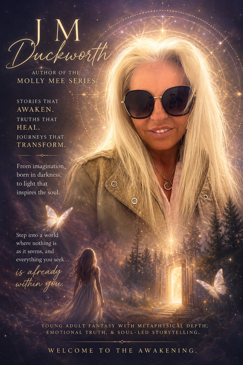Book cover featuring a woman with long blonde hair wearing sunglasses and a tan jacket, surrounded by a mystical, starry background with butterflies, a glowing door, and a young girl in a dress gazing at the door.