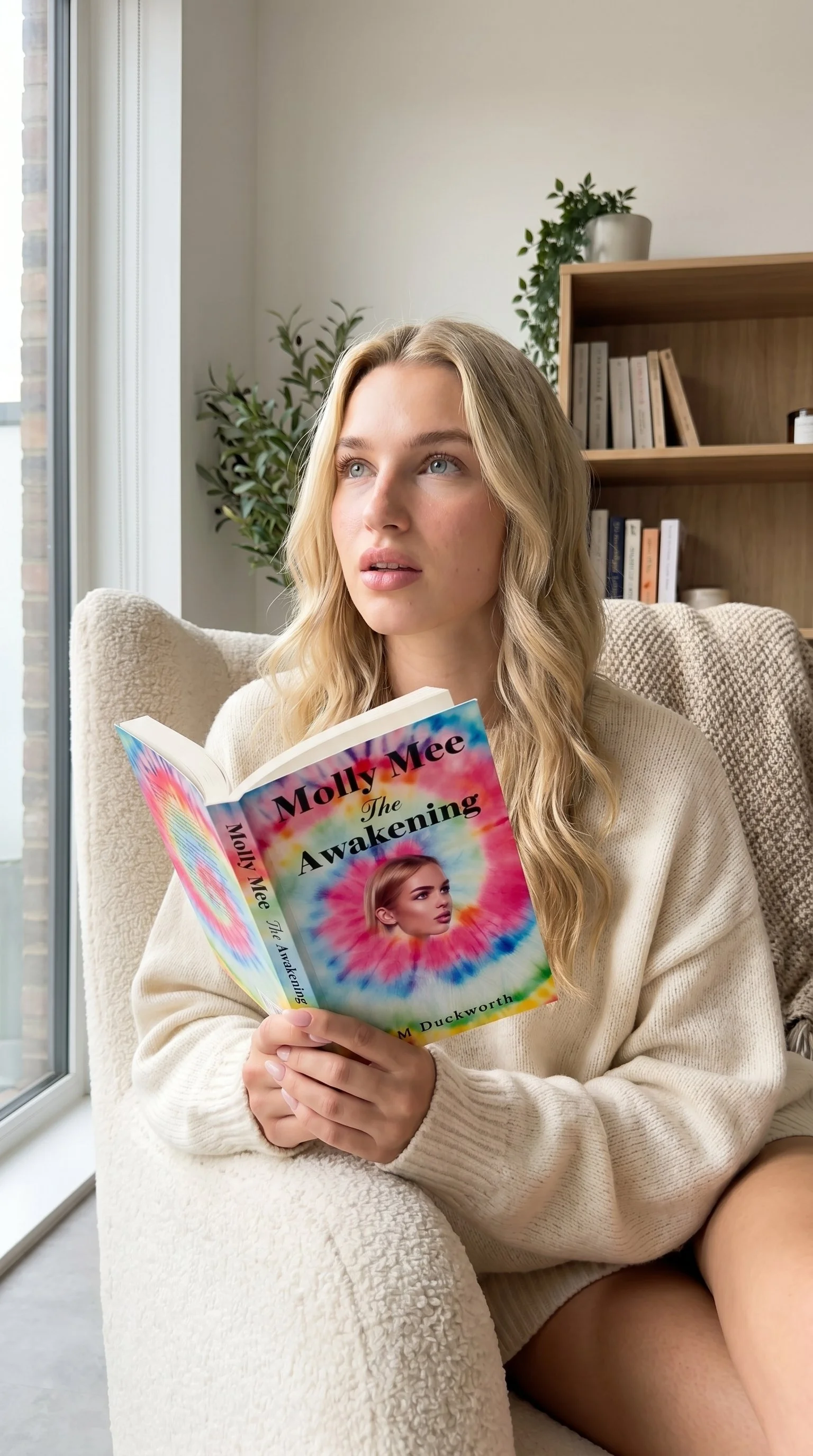 A young woman with wavy blonde hair sitting on a beige armchair, reading a colorful book titled 'The Awakening' by Molly Mee, near a large window with a brick exterior.