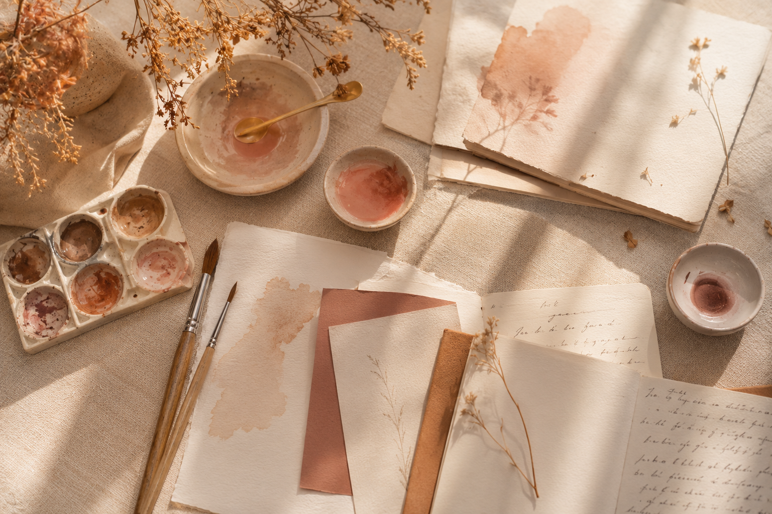 Materiais de arteterapia — tintas aquarela e pincéis para sessões individuais e oficinas em grupo para mulheres com ansiedade, burnout e depressão