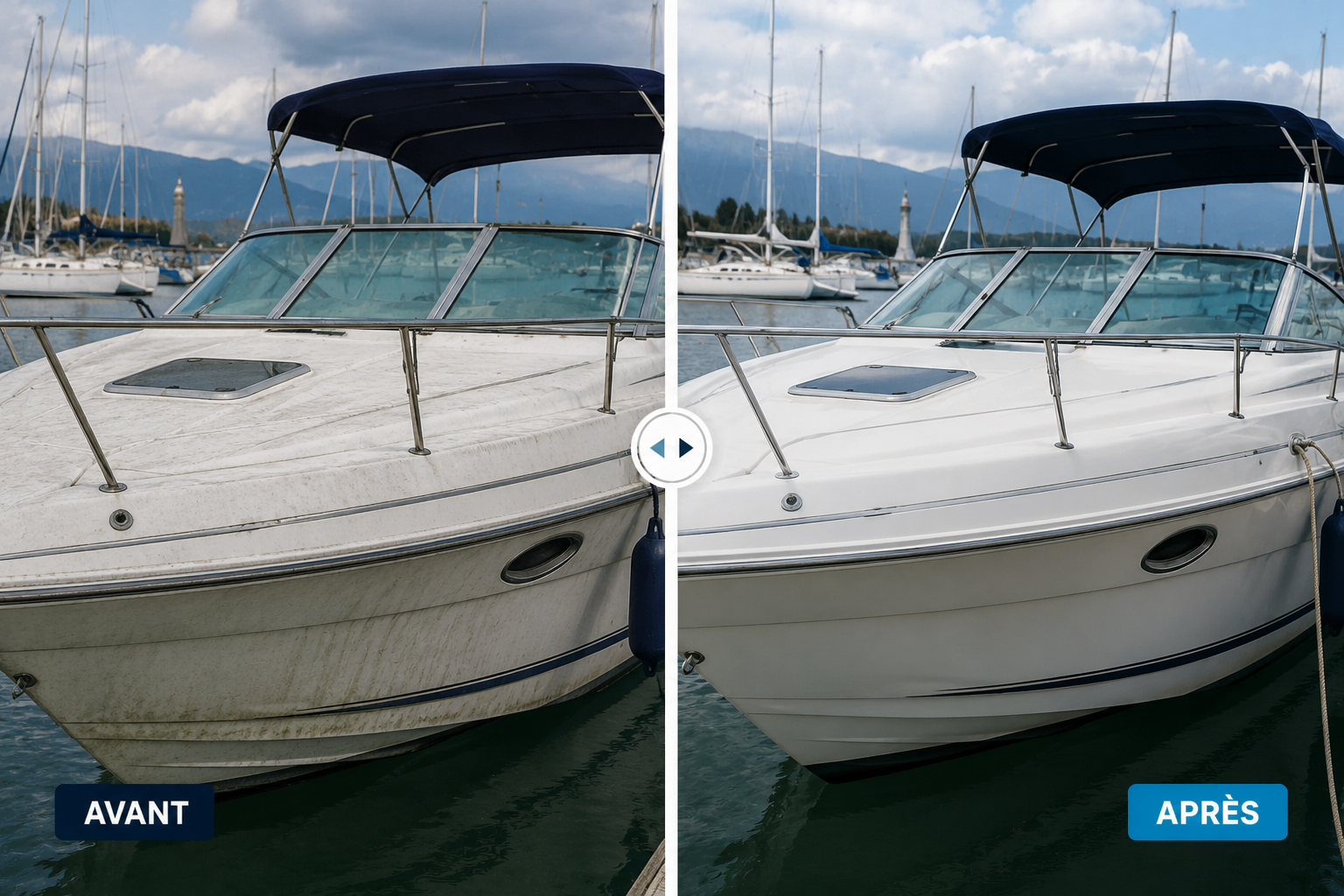 Comparaison côte à côte de deux bateaux à moteur en mer. La partie gauche montre un bateau sale et encrassé, tandis que la partie droite montre le même bateau propre et nettoyé, avec un environnement maritime en arrière-plan, montagnes et ciel en partie nuageux.