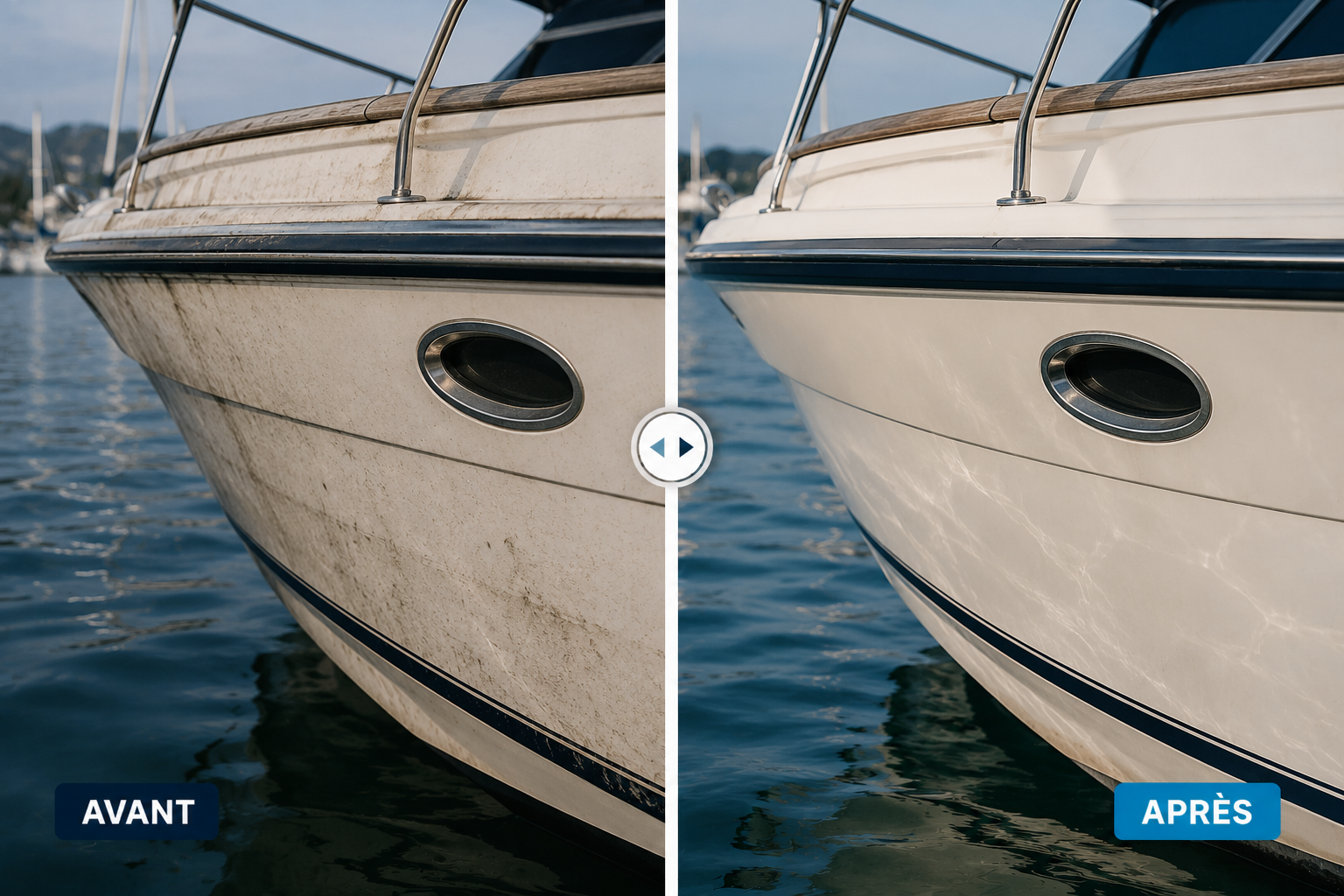Comparaison entre deux photos du même bateau, montrant le nettoyage de la coque. La photo de gauche est sale et la photo de droite est propre.
