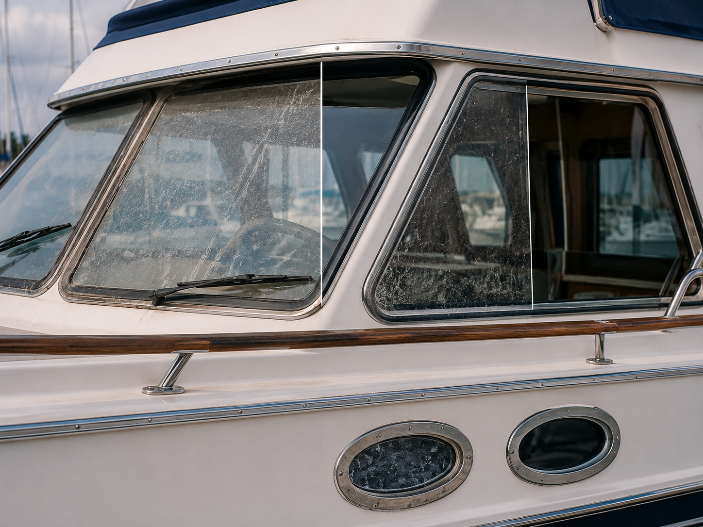 Vue de près d'un bateau à moteur avec des fenêtres poussiéreuses et un ruban en bois autour, dans un port
