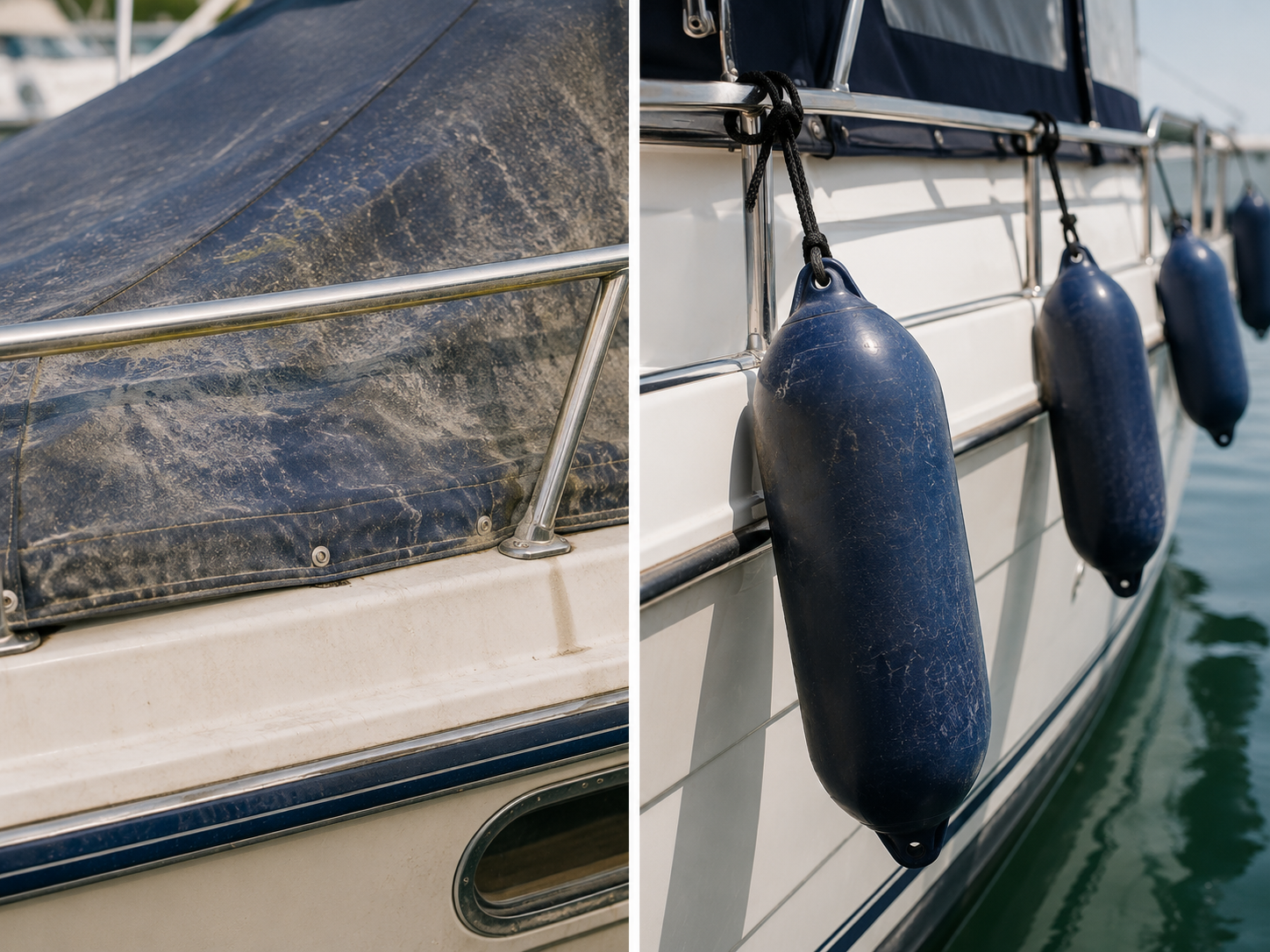 Image divisée en deux parties montrant des yachts. Sur le yacht de gauche, une bâche sale et une barre en métal. Sur le yacht de droite, des flotteurs en plastique bleu attachés à la coque.